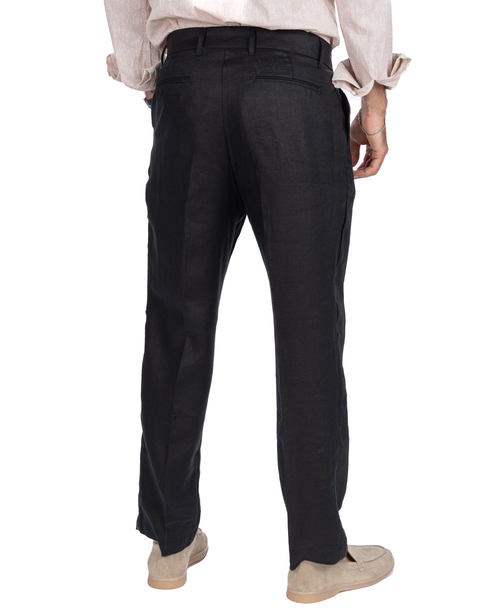 Lucas - pantalone largo in puro lino nero con pinces