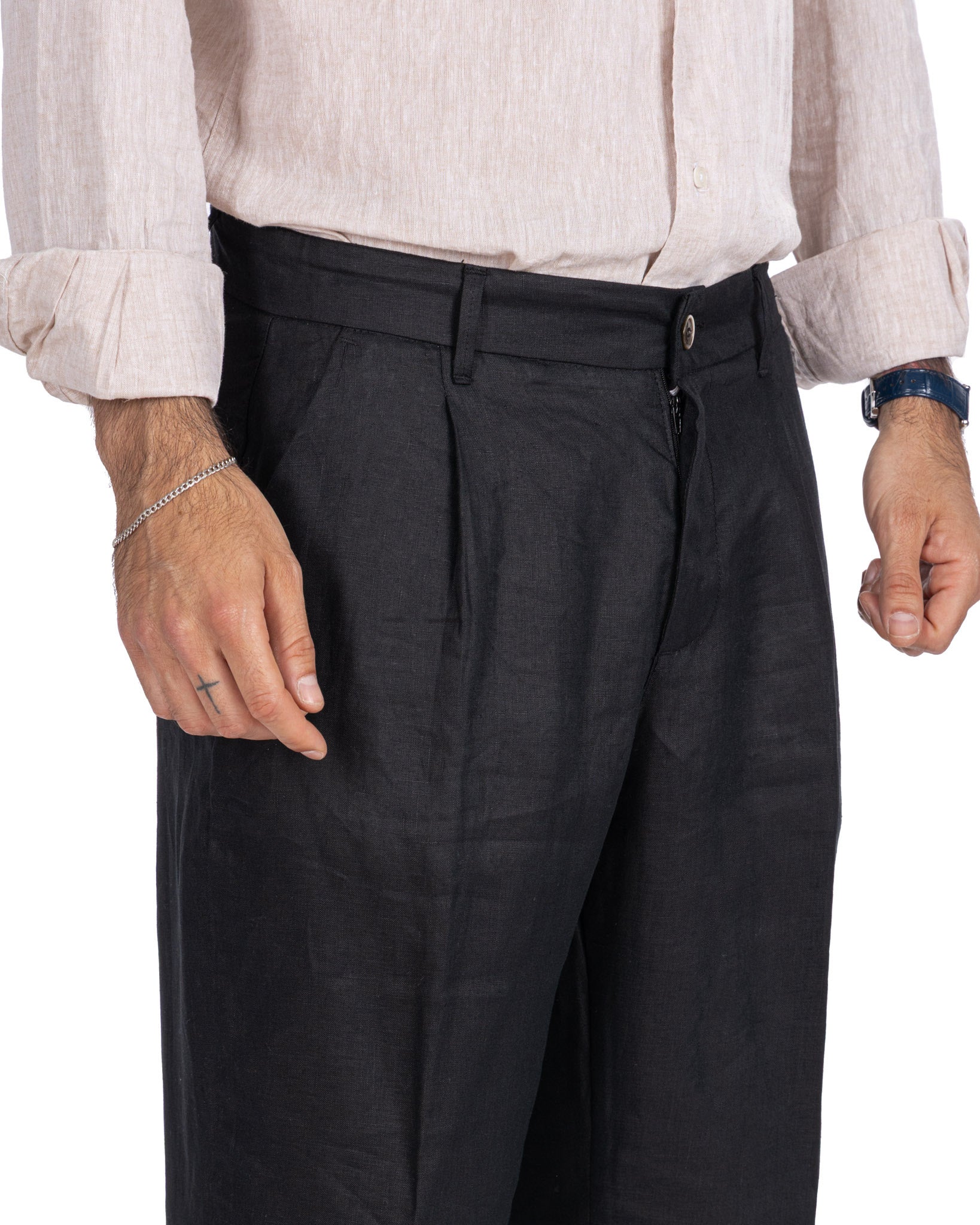 Lucas - pantalone largo in puro lino nero con pinces