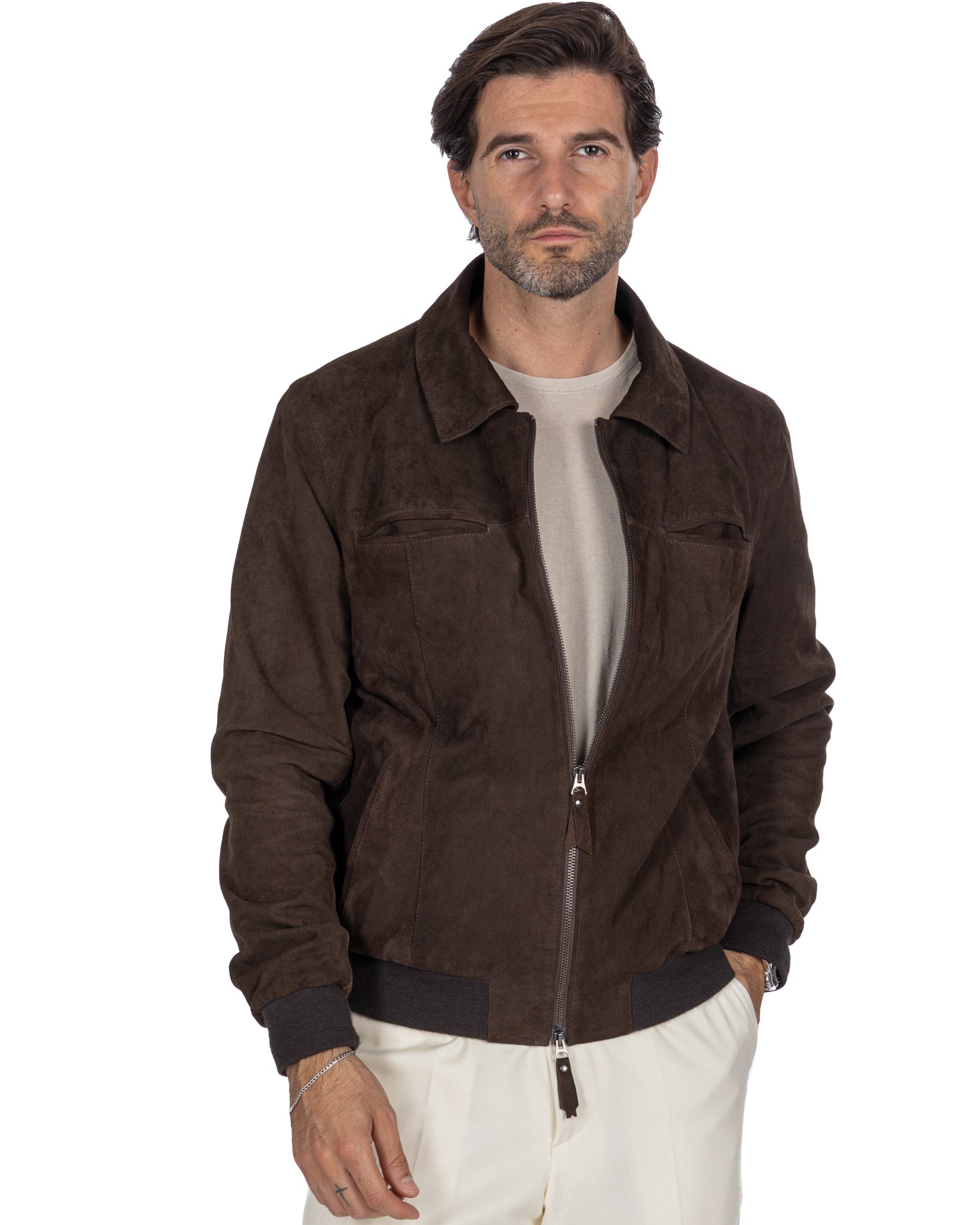 Veste zippée en daim marron foncé