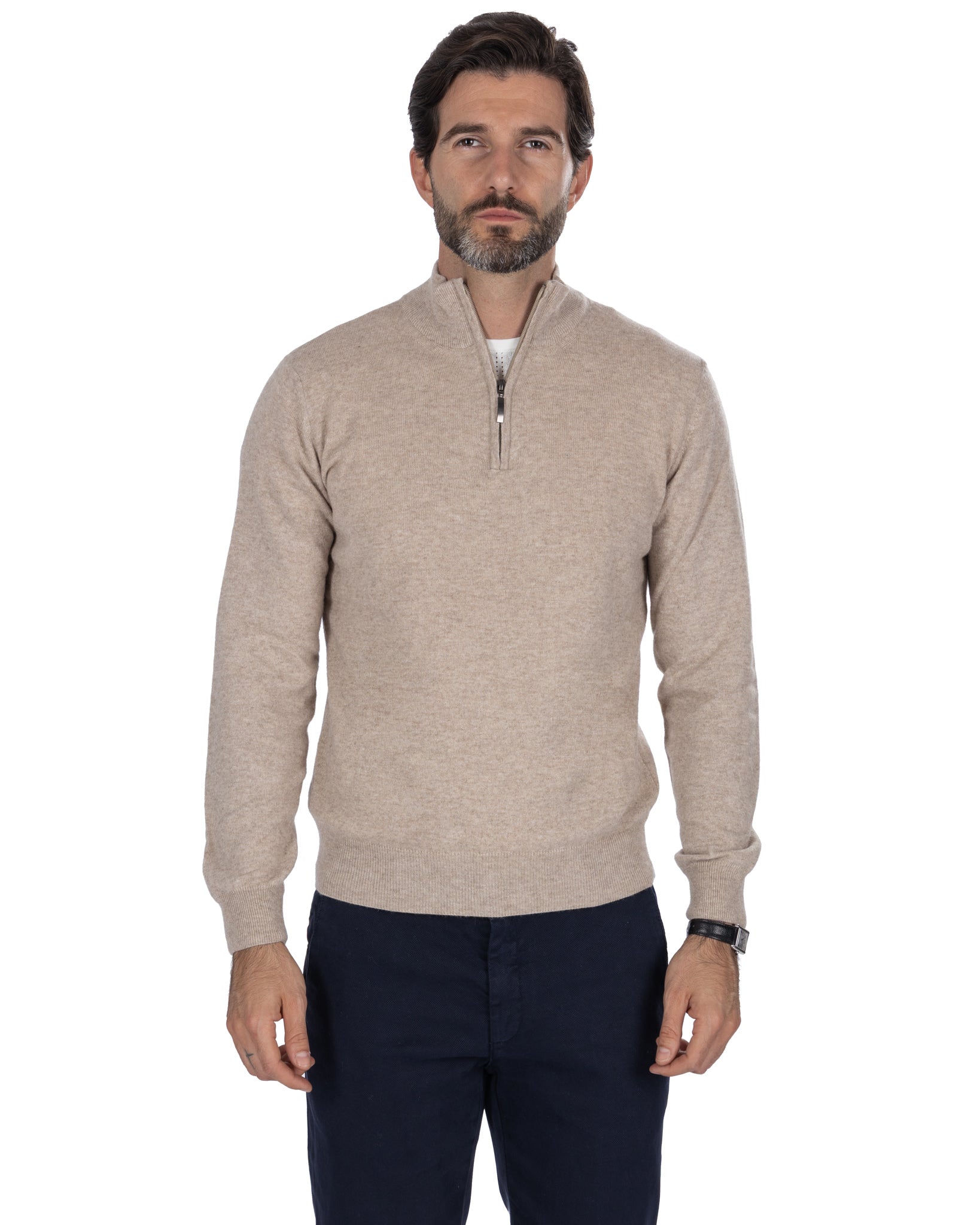 Pull col roulé zippé Rory en mélange cachemire sable