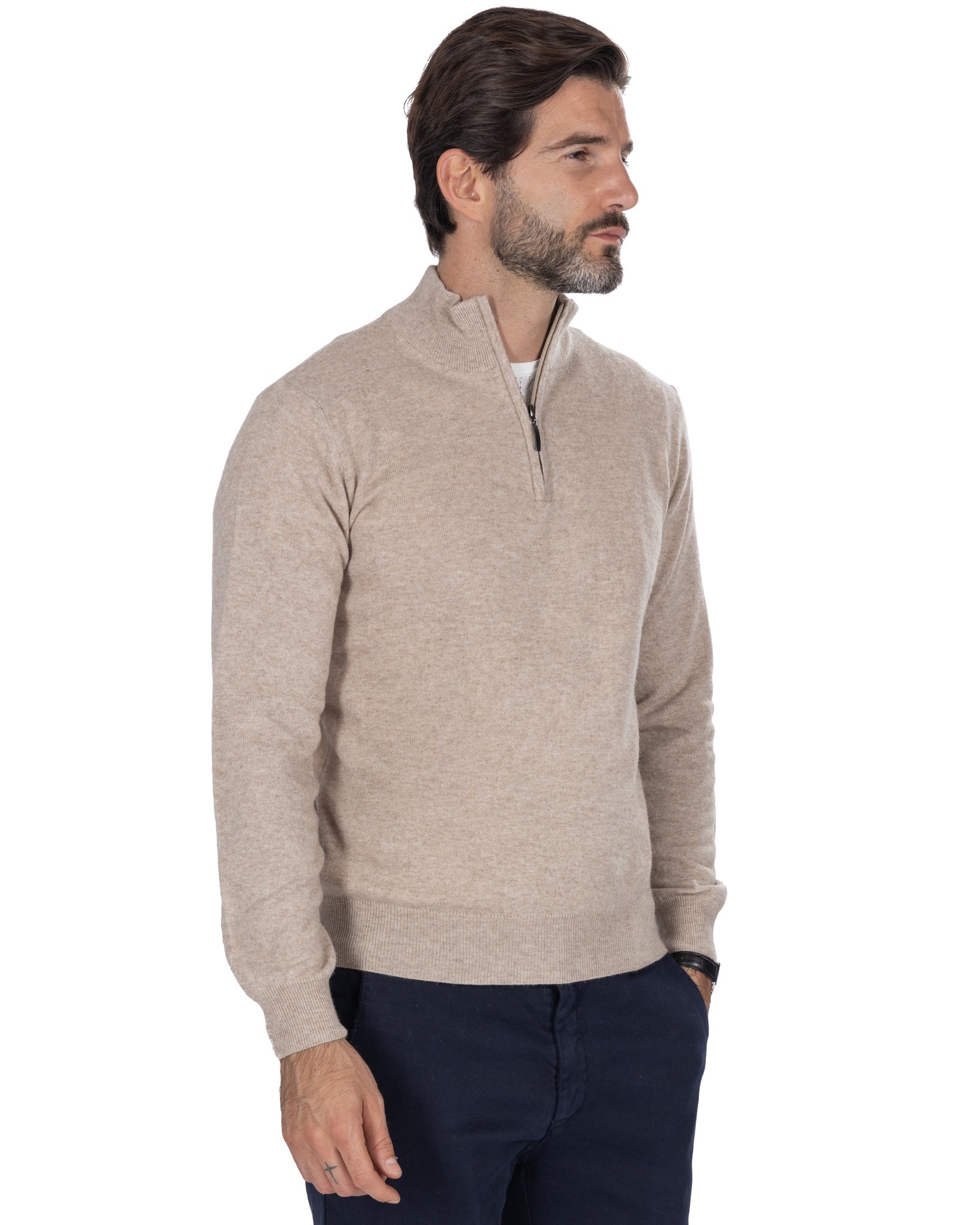 Pull col roulé zippé Rory en mélange cachemire sable