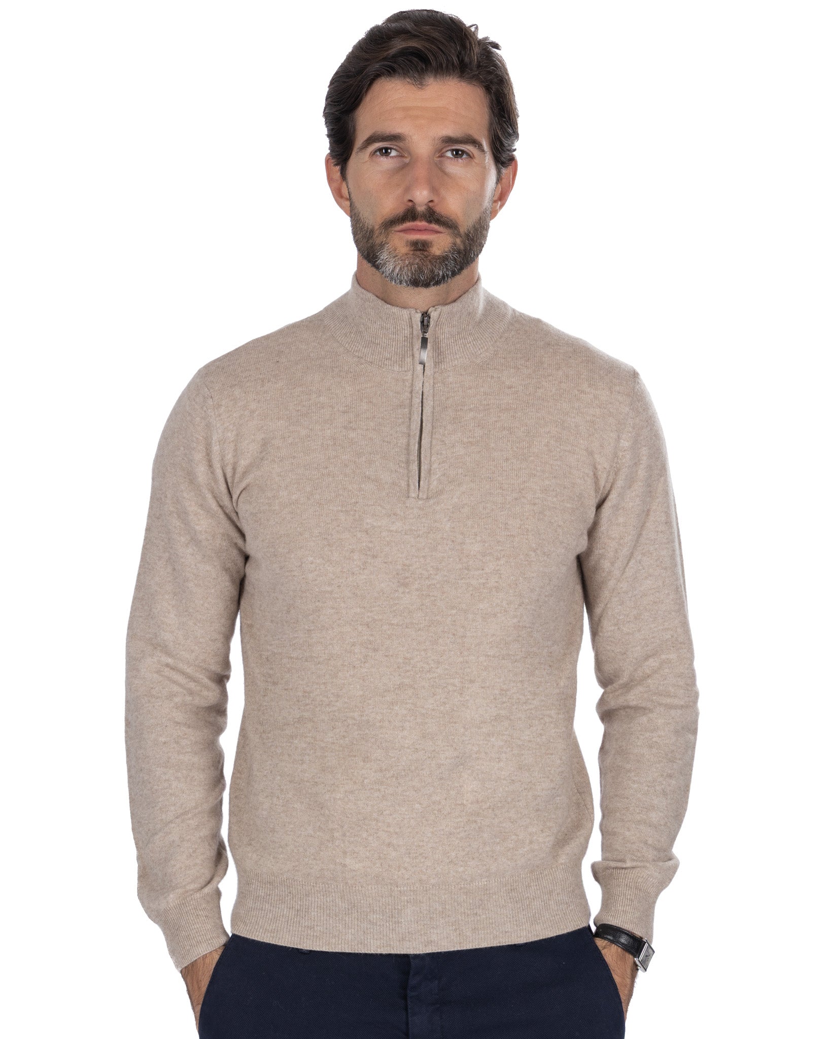 Rory zip-up turtleneck sweater in sand cashmere blend