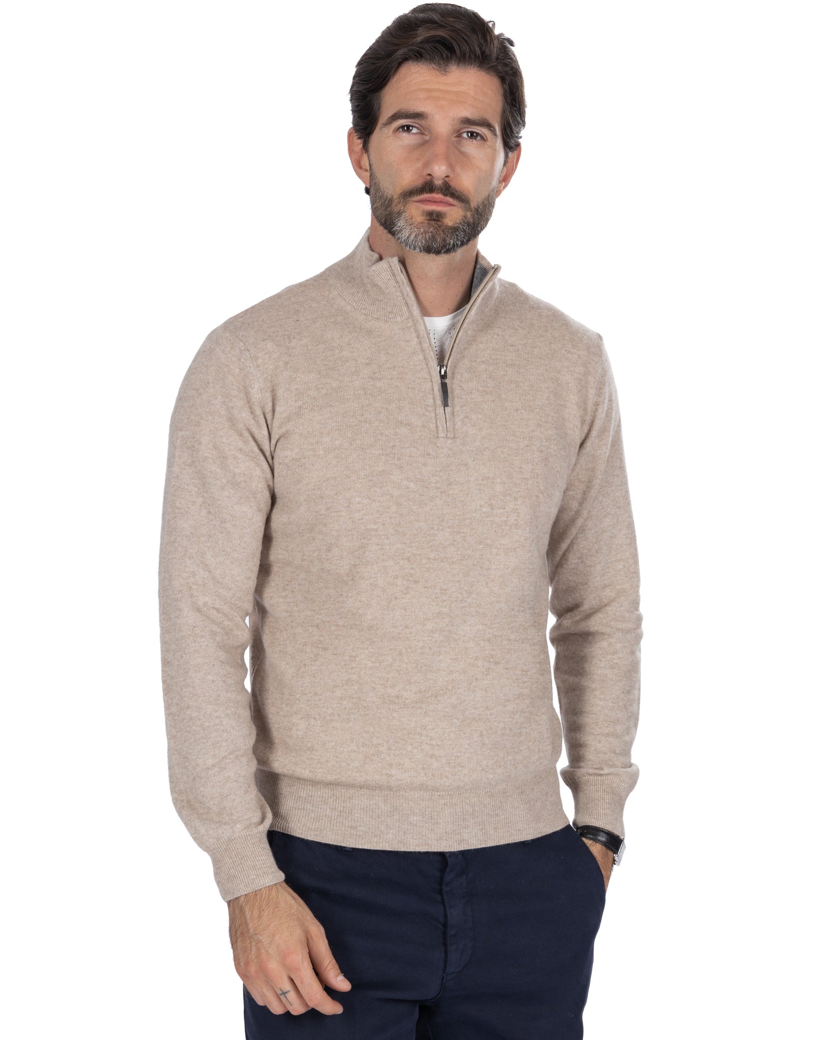 Pull col roulé zippé Rory en mélange cachemire sable