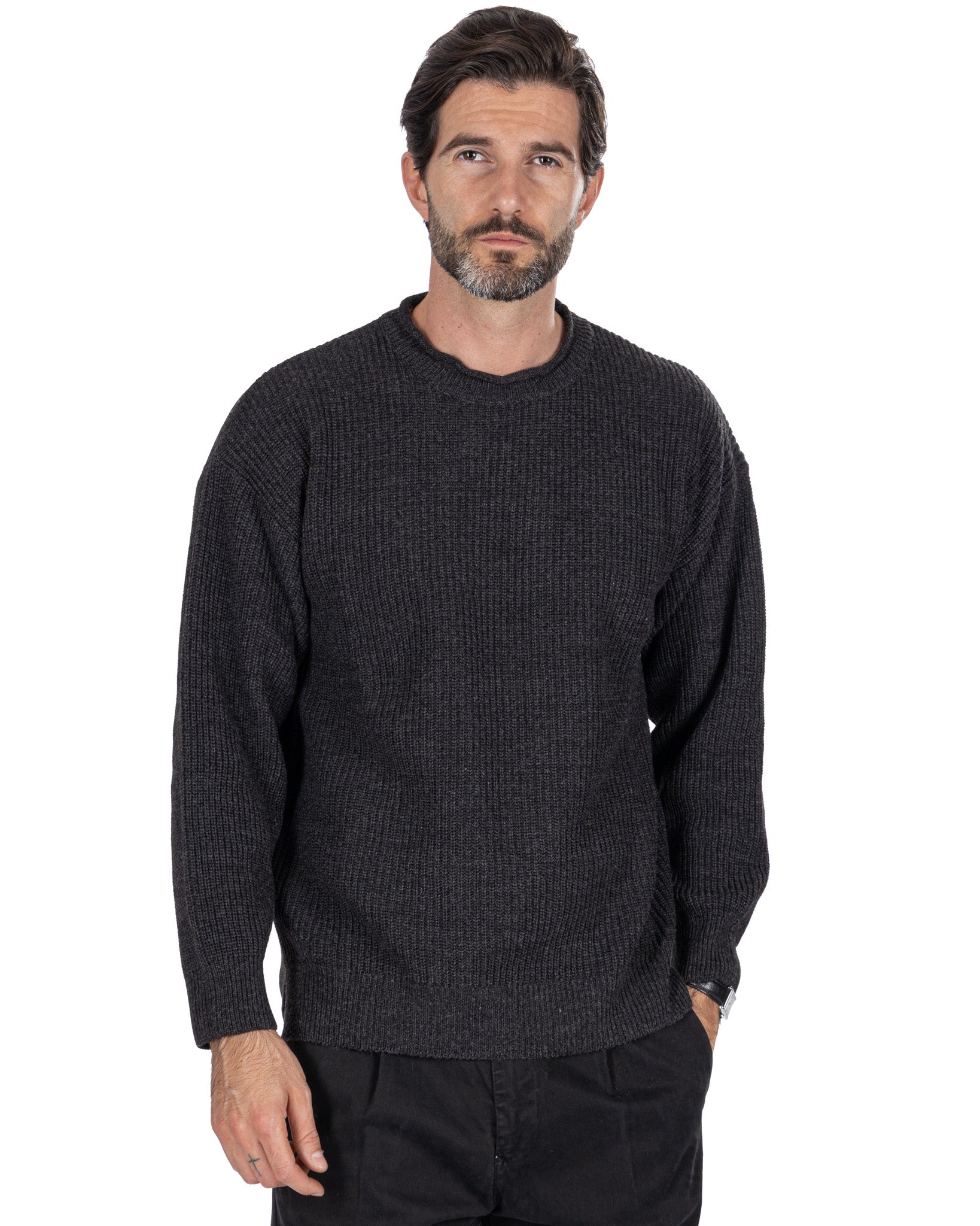 Pull ras du cou côtelé anthracite Sven