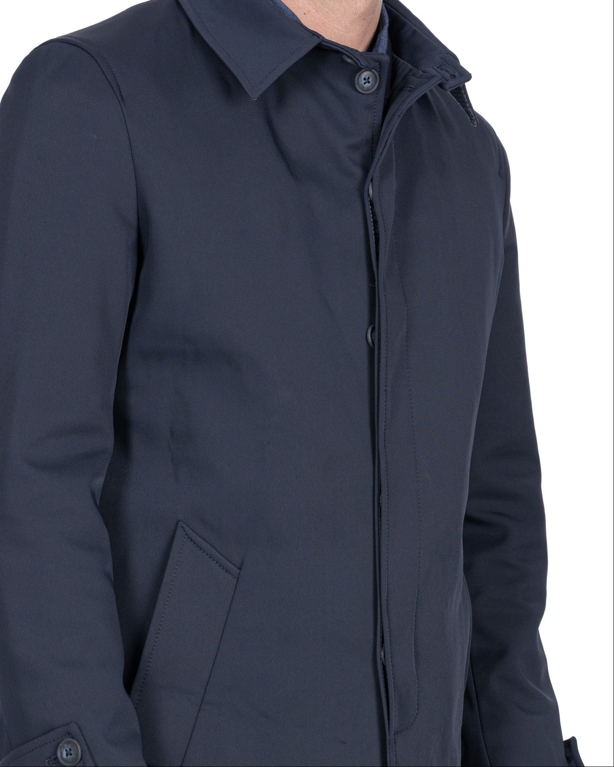 Men's navy blue lightweight trench coat made from water-resistant fabric with a classic button-up design.