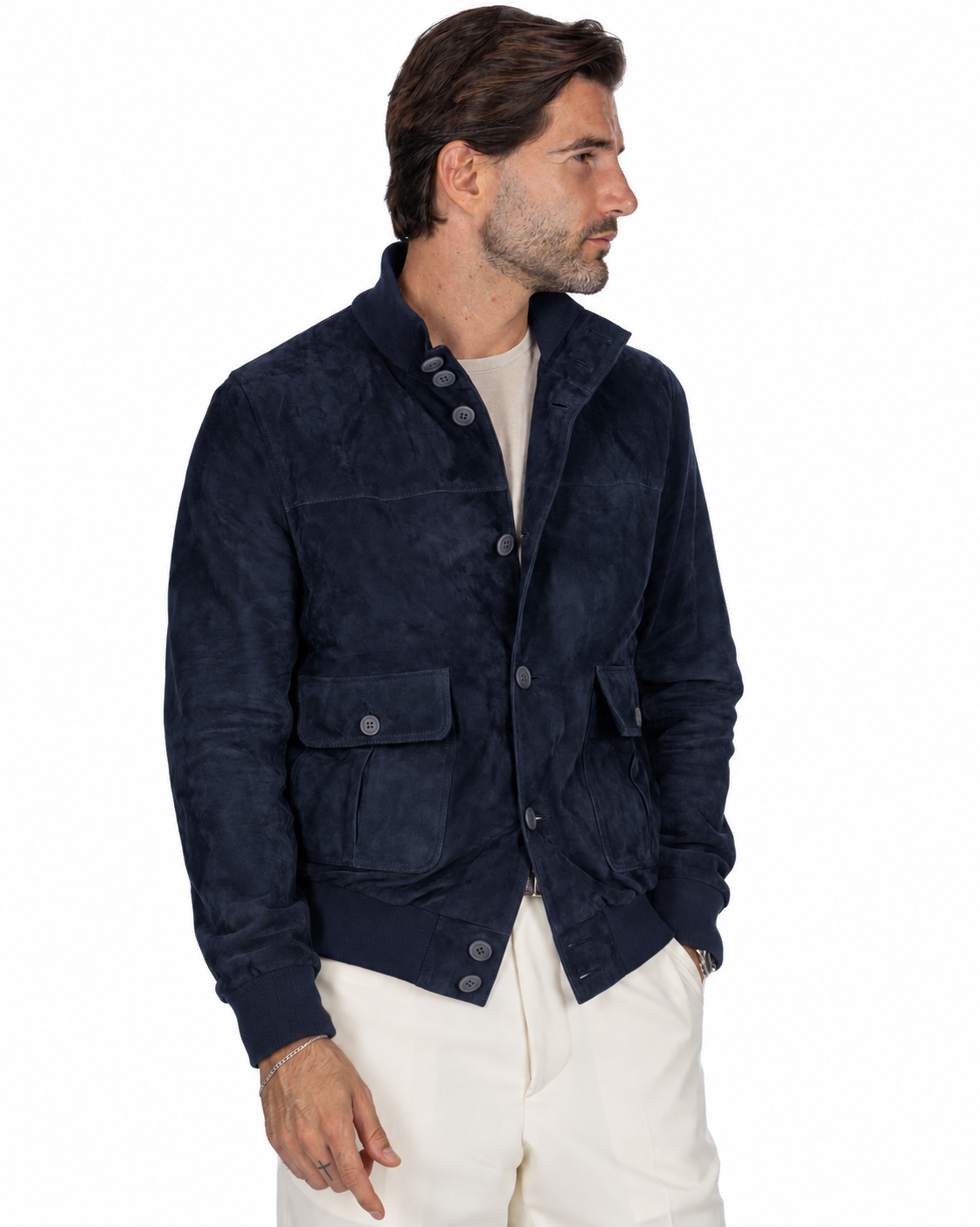 Navy suede bomber jacket with patch pockets and a stand collar, styled for a modern, casual look.