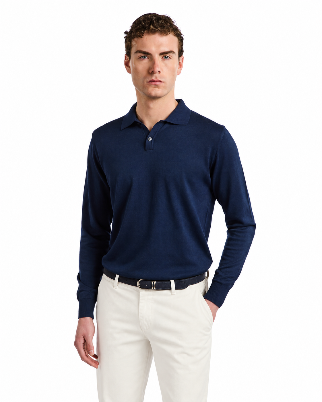 Navy long-sleeve polo shirt made from soft cotton, stylishly paired with white trousers for a refined look.