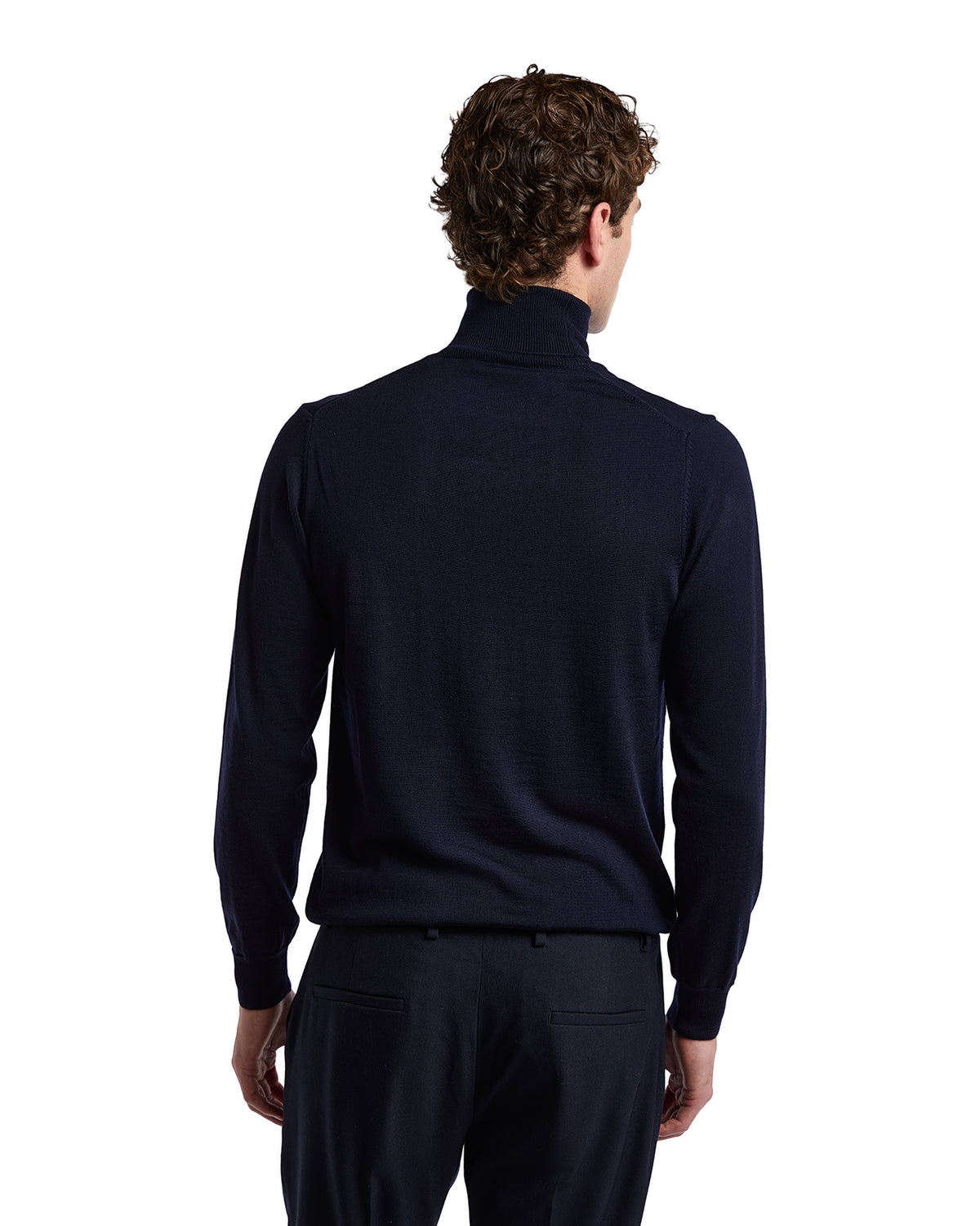 Men's navy turtleneck sweater in soft knit fabric, showcasing a stylish, fitted design and long sleeves.