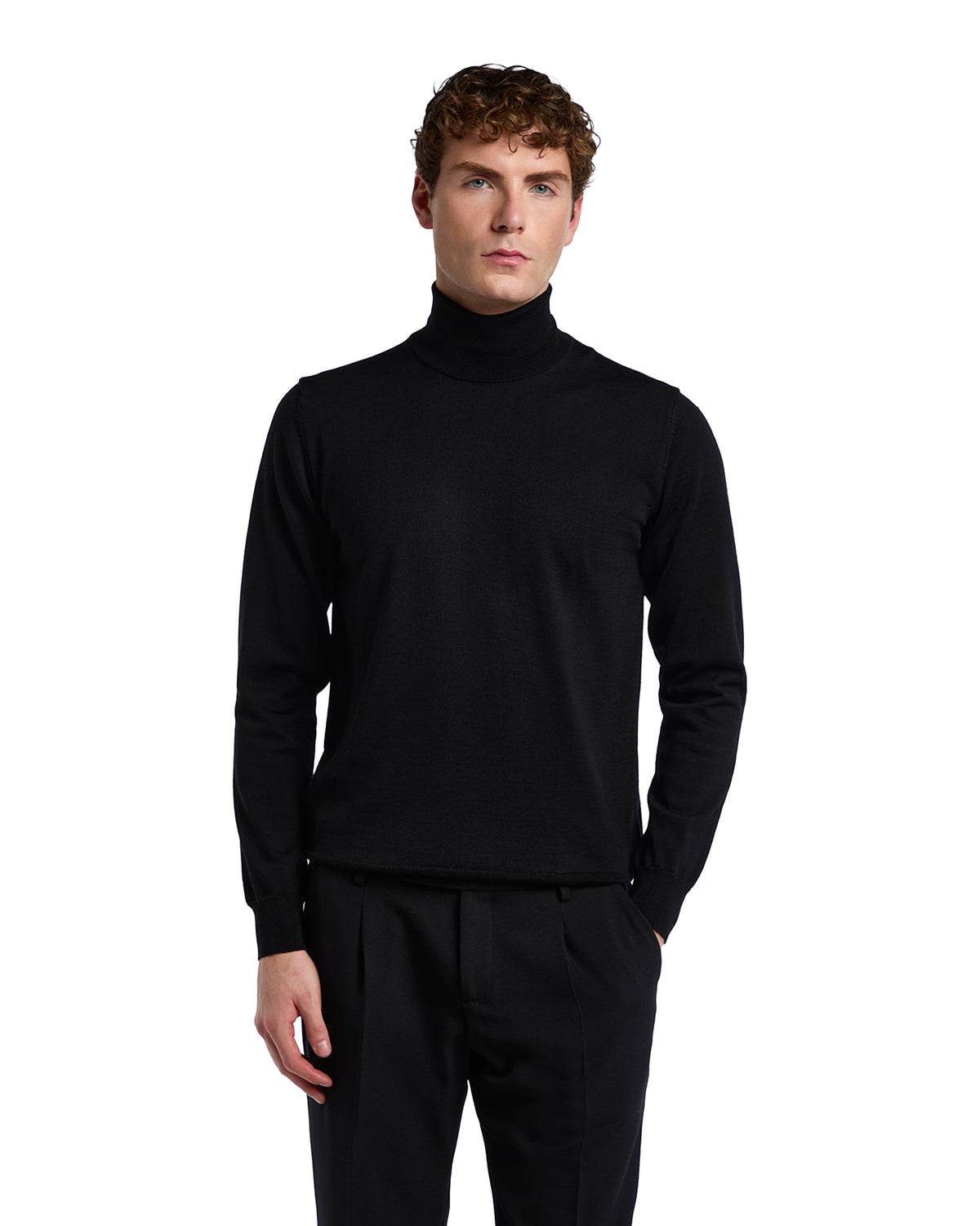 Stylish black turtleneck sweater for men, made of soft fabric, perfect for casual or formal wear.