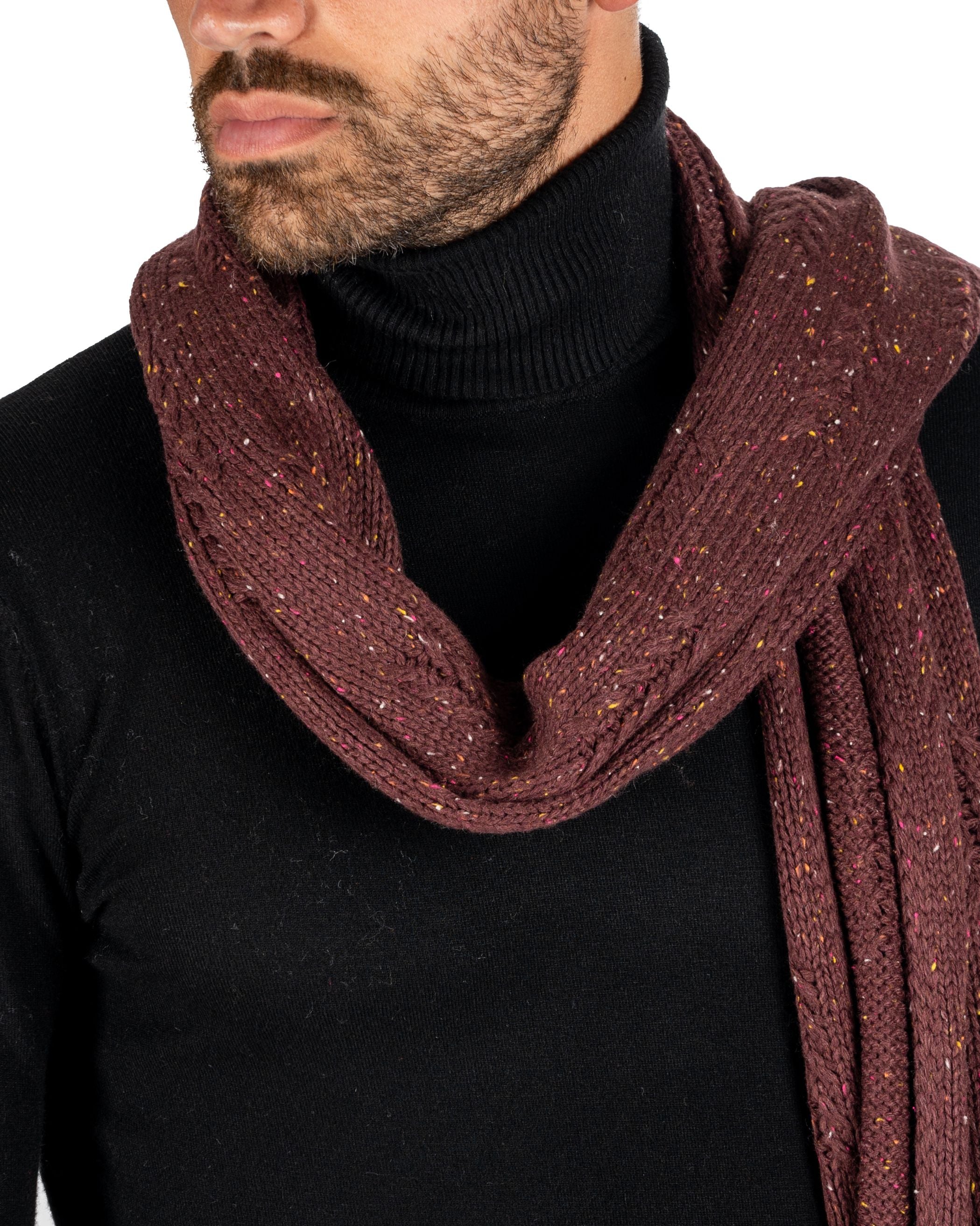 ÉCHARPE BORDEAUX LOURD À FRANGES MICRO-MOTIFS MULTICOLORE
