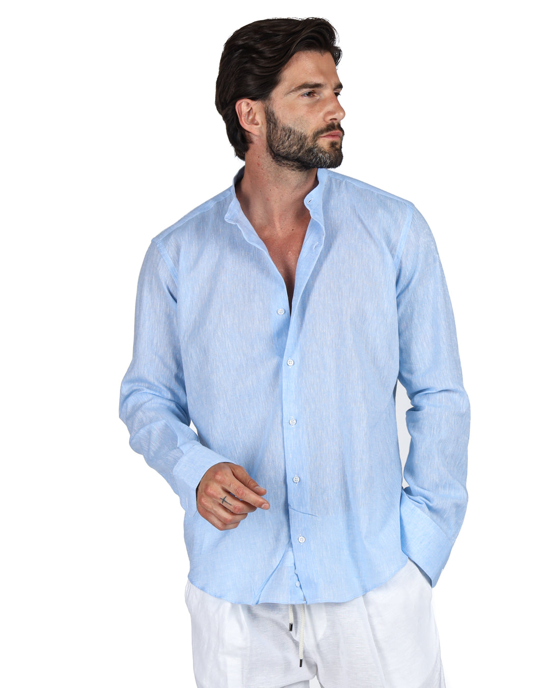 Positano - Chemise coréenne en lin bleu clair