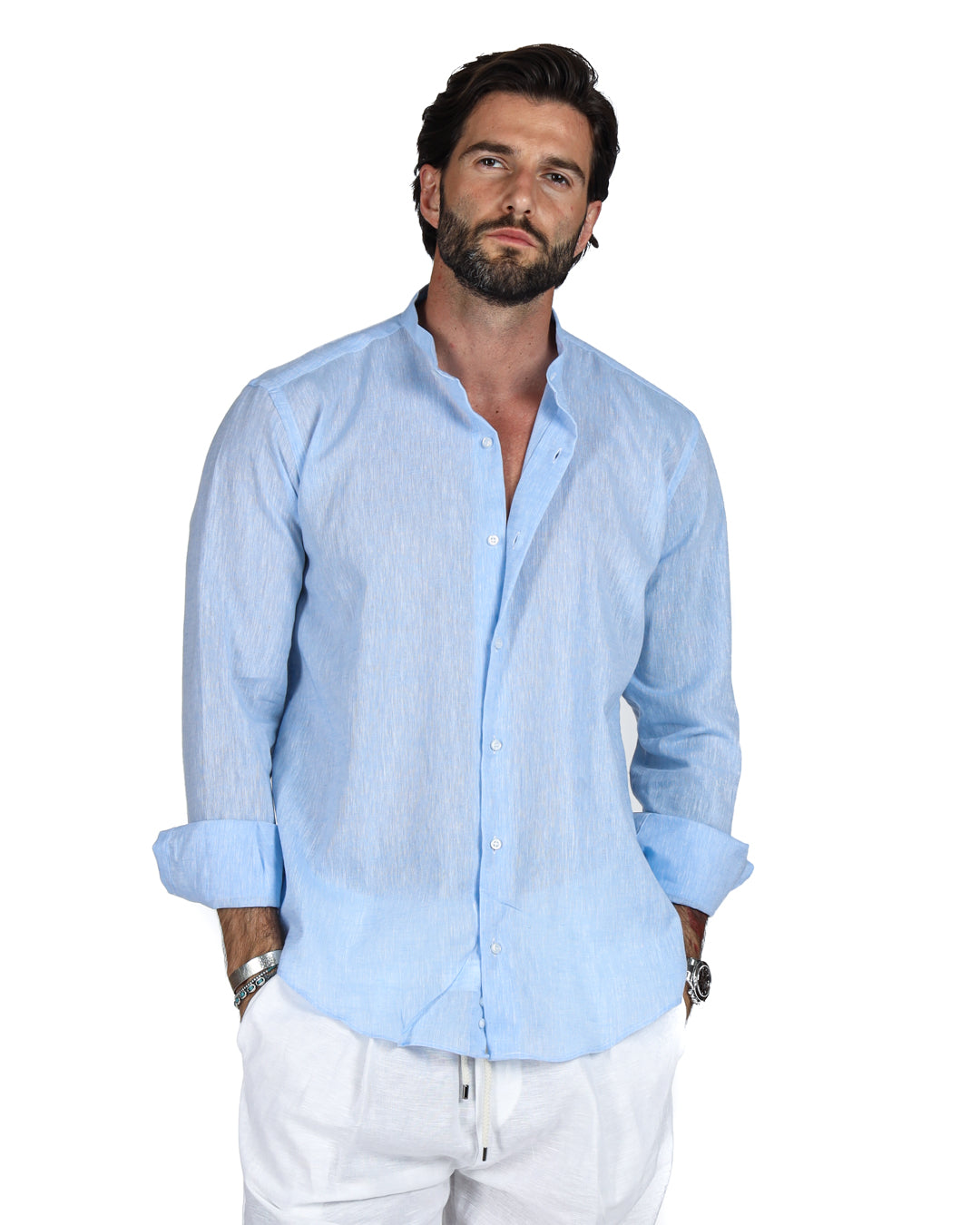 Positano - Chemise coréenne en lin bleu clair