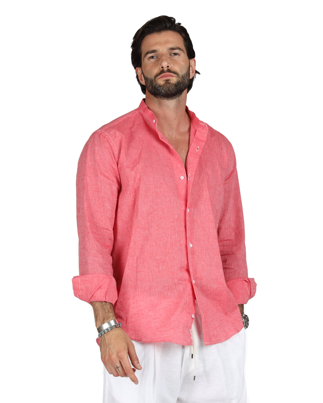 Positano - Camicia coreana corallo in lino