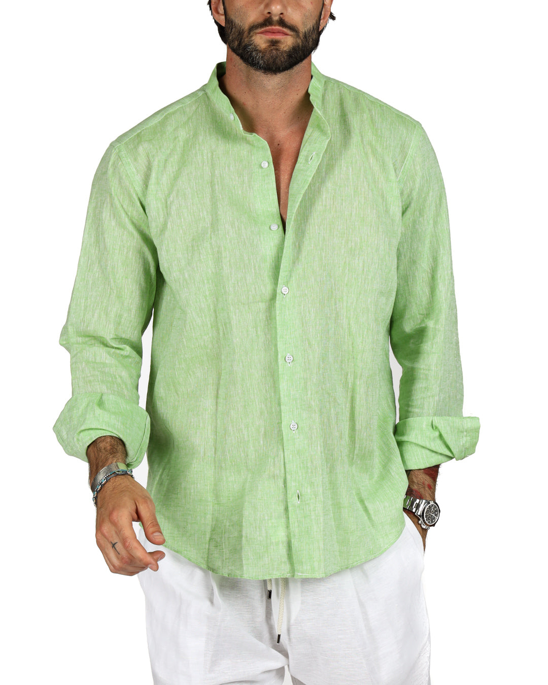 Positano - Chemise coréenne en lin vert pomme
