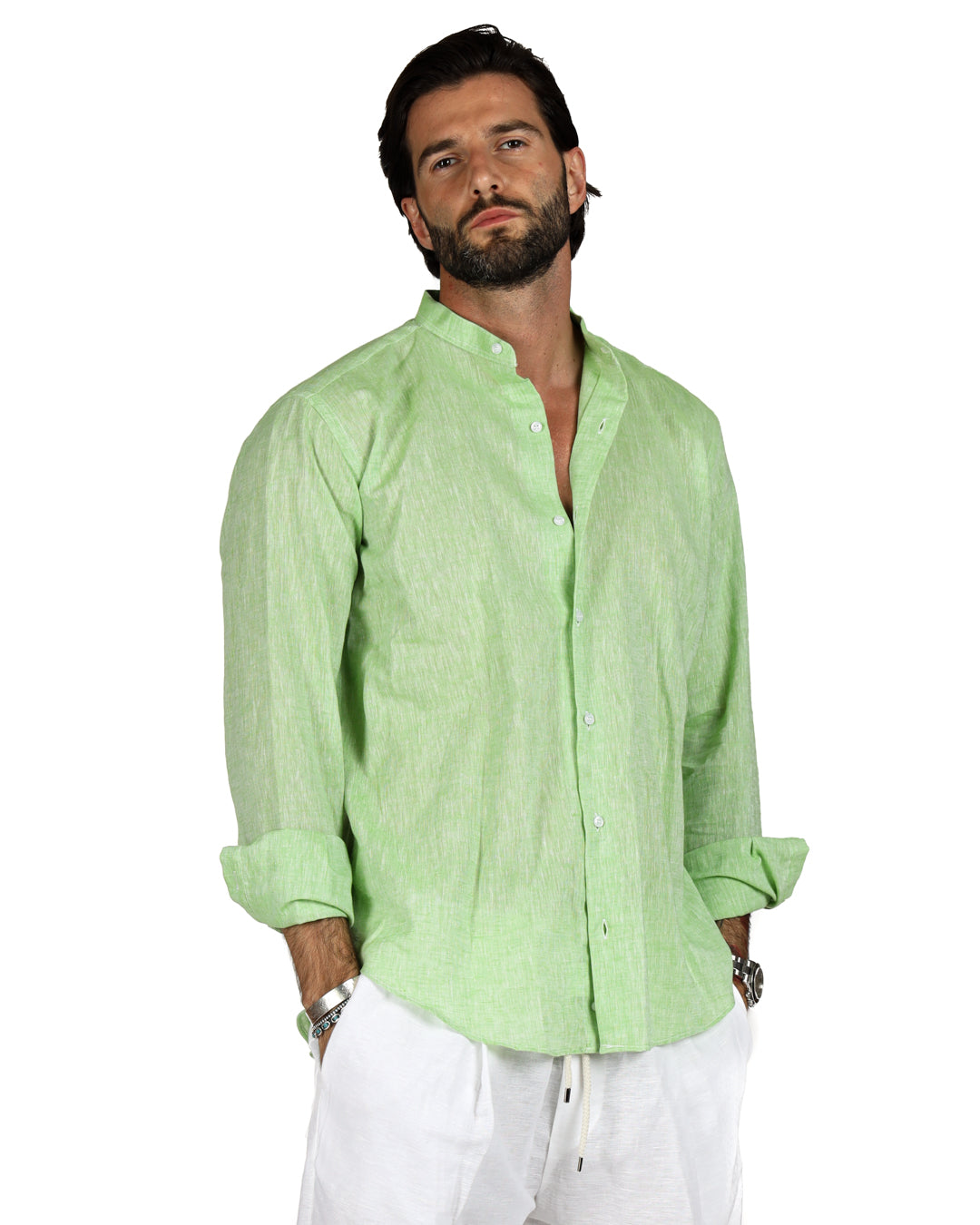 Positano - Chemise coréenne en lin vert pomme
