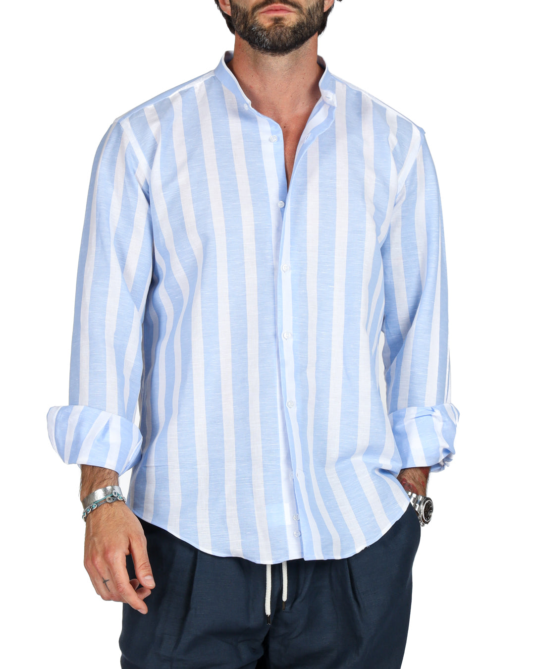 Amalfi - Camicia coreana riga maxi azzurra