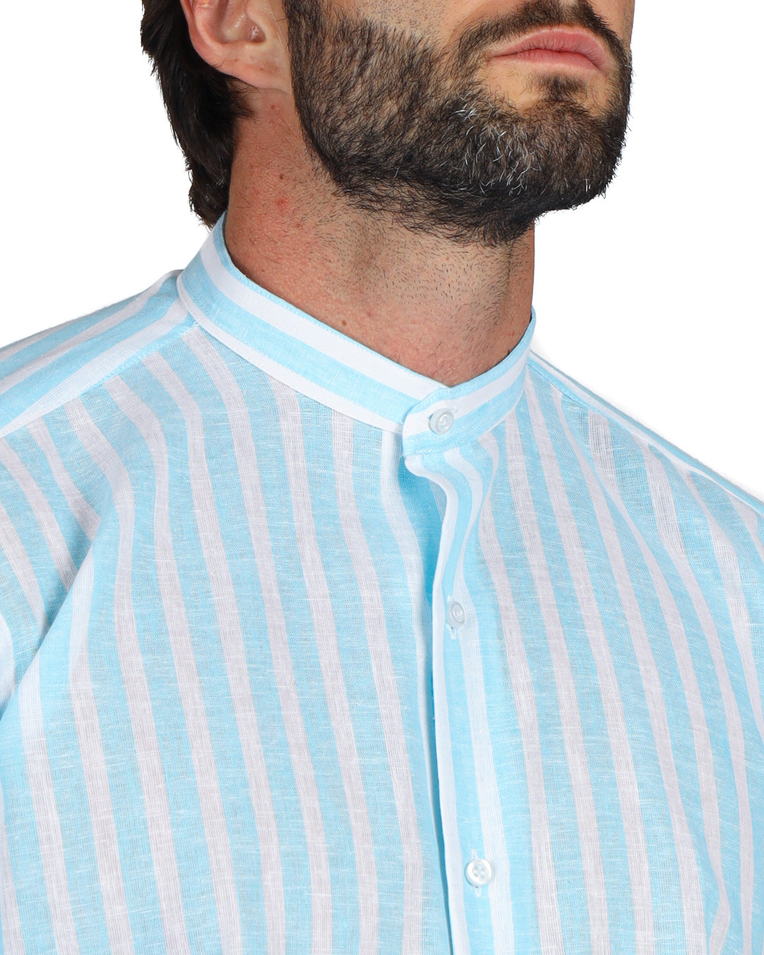 Procida - Chemise coréenne en lin larges rayures turquoise