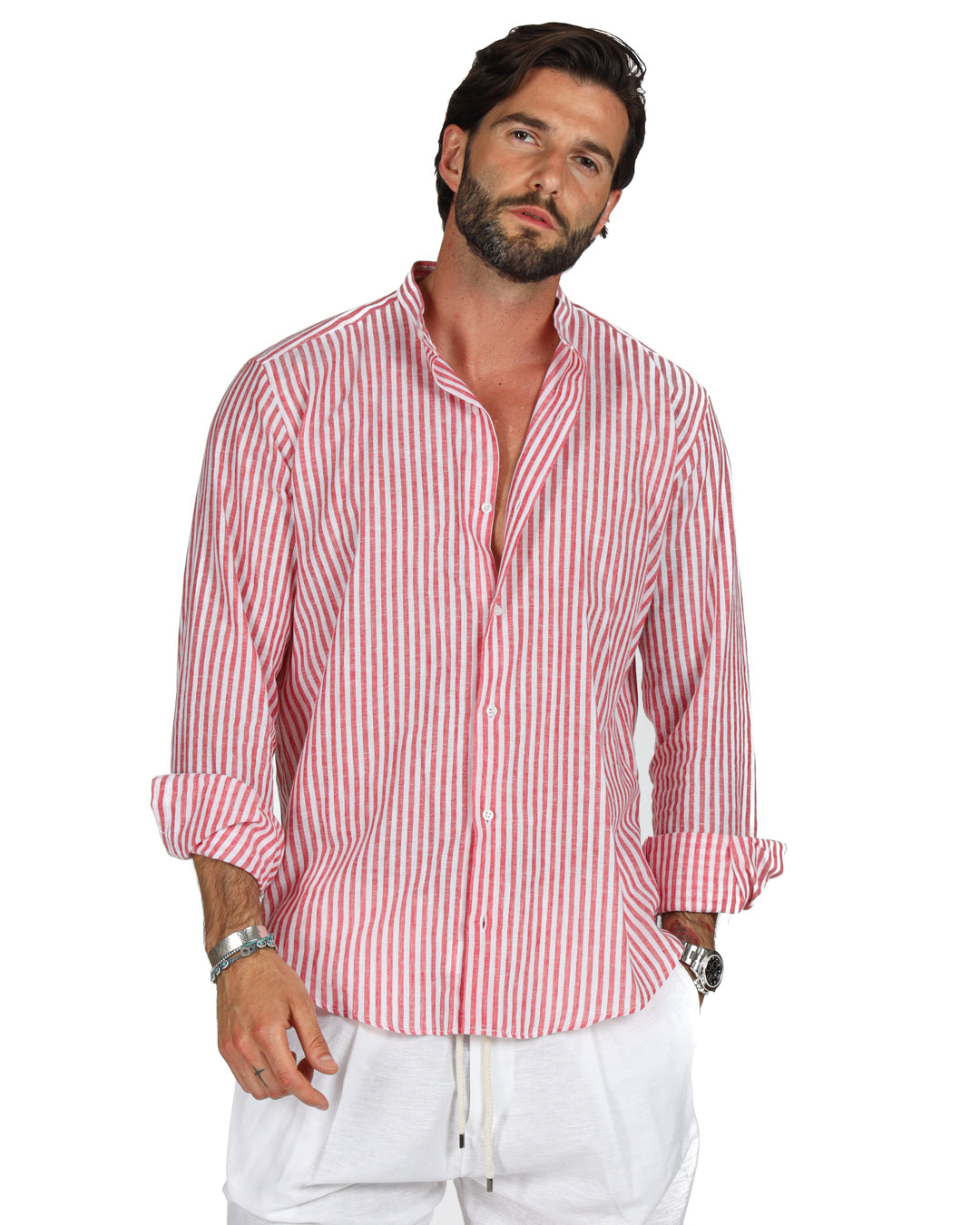 Ischia - Camicia coreana righe strette rossa in lino