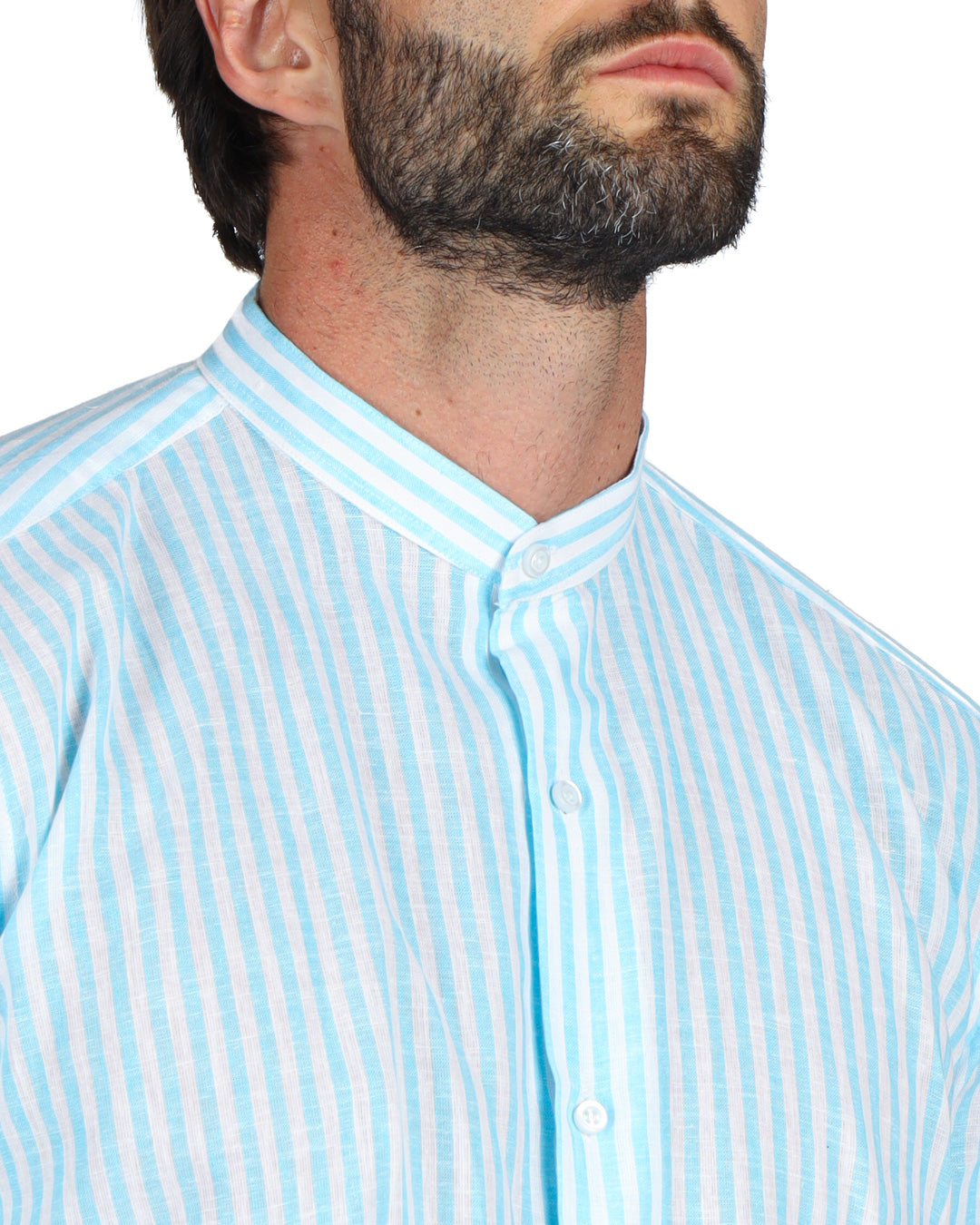 Ischia - Chemise coréenne en lin fines rayures turquoise