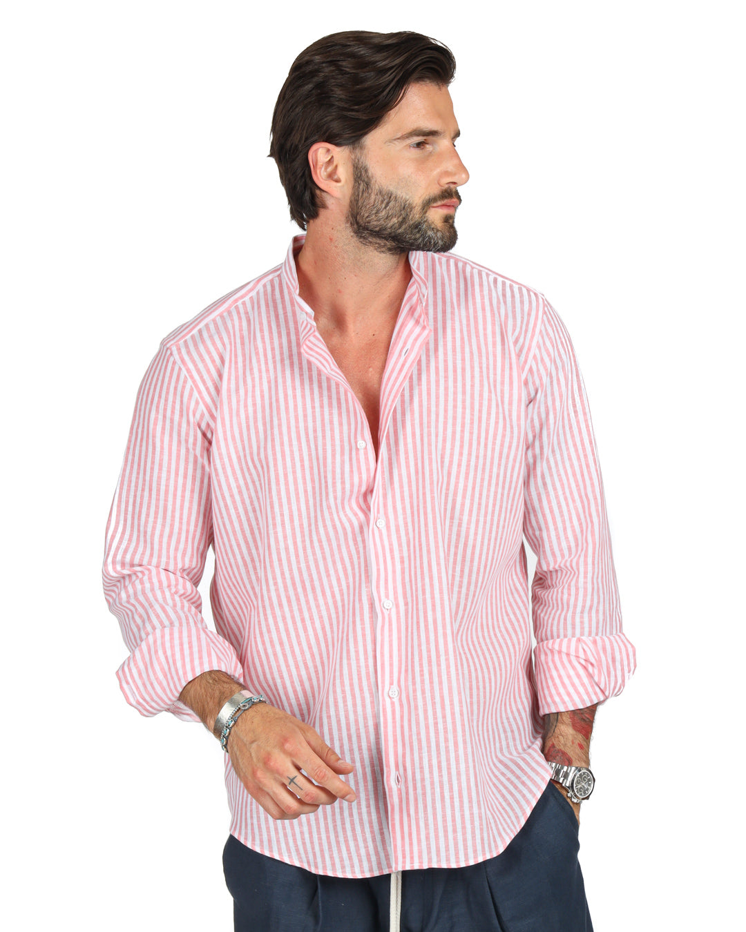 Ischia - Chemise coréenne en lin fines rayures rose