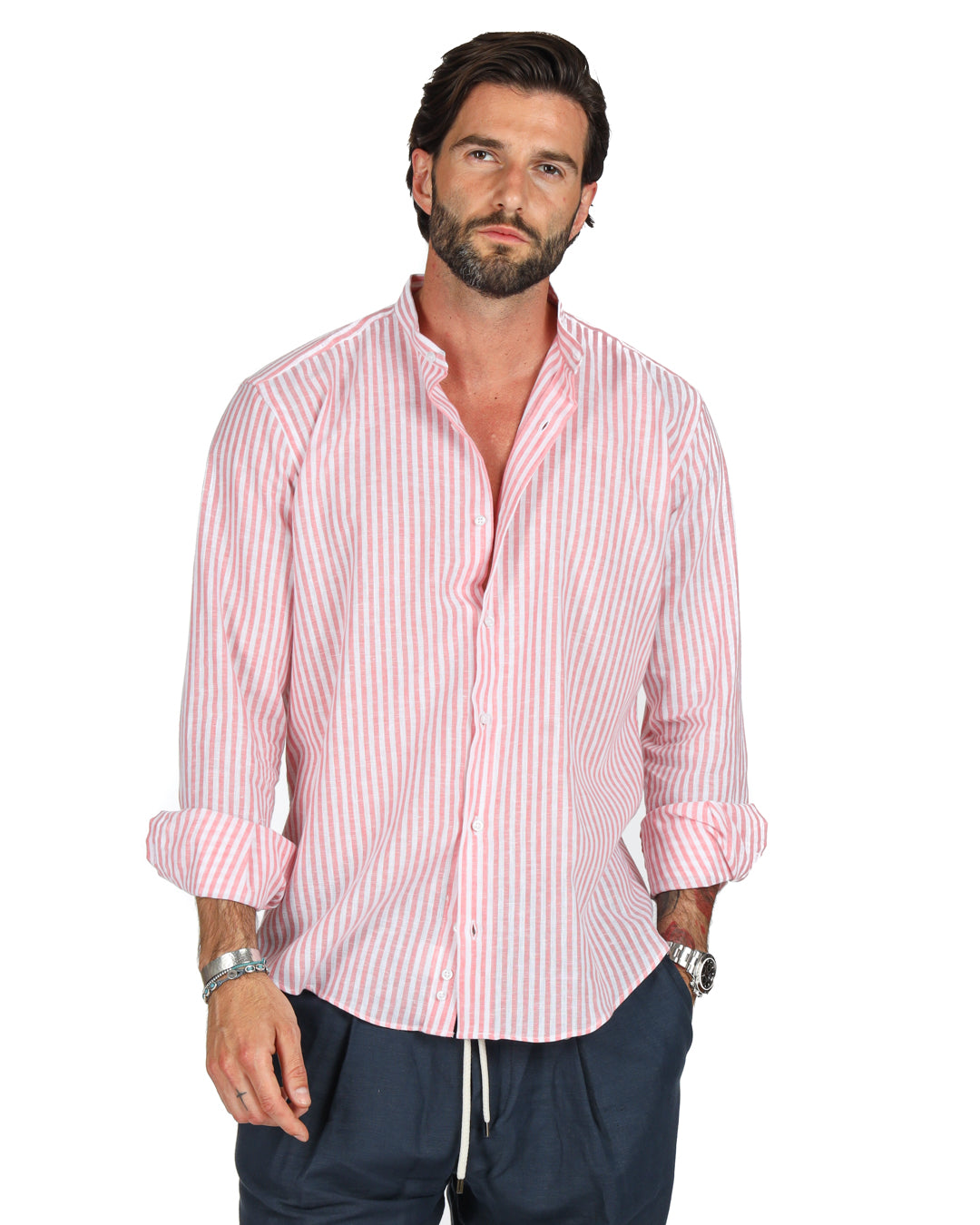 Ischia - Chemise coréenne en lin fines rayures rose
