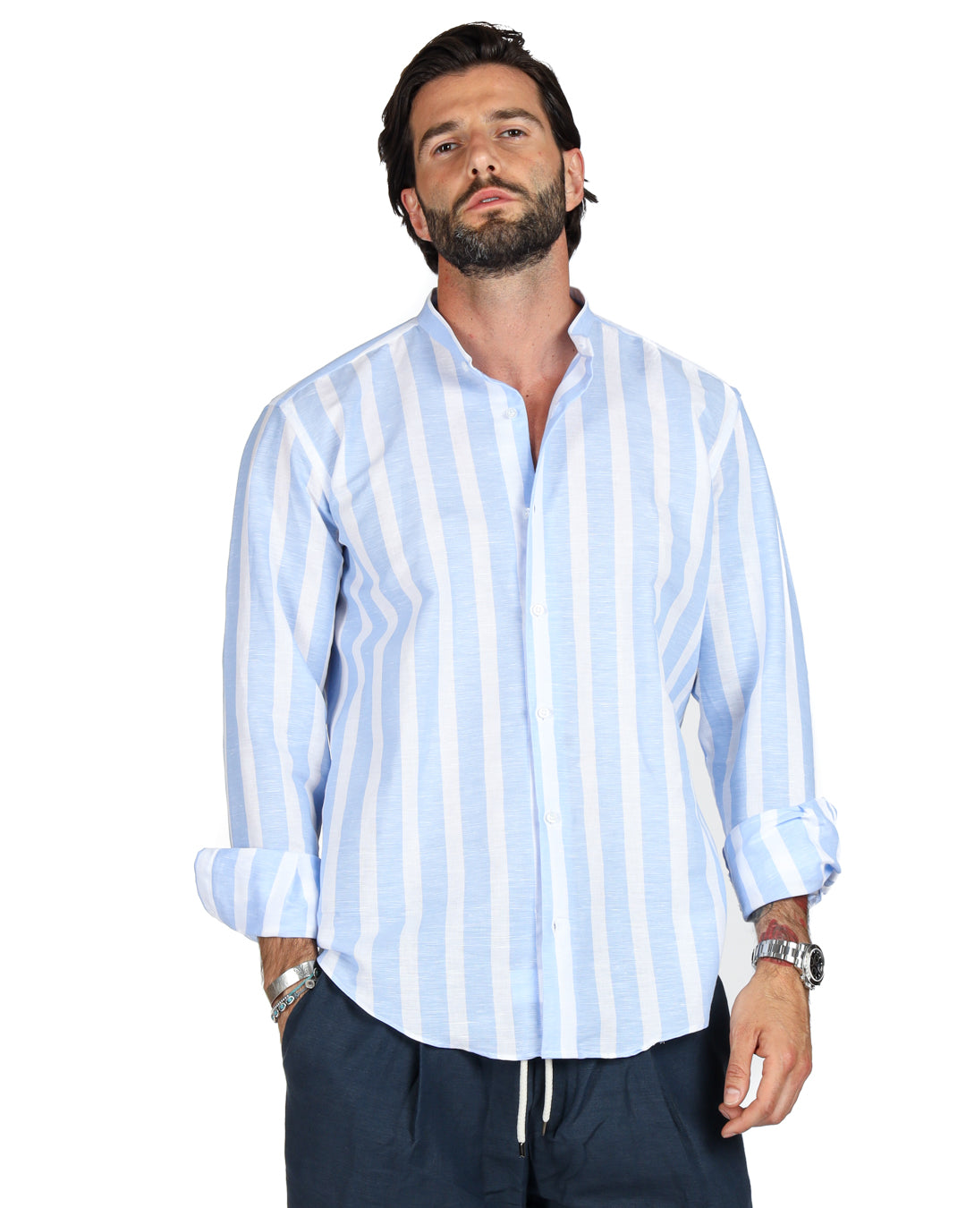 Amalfi - Camicia coreana riga maxi azzurra