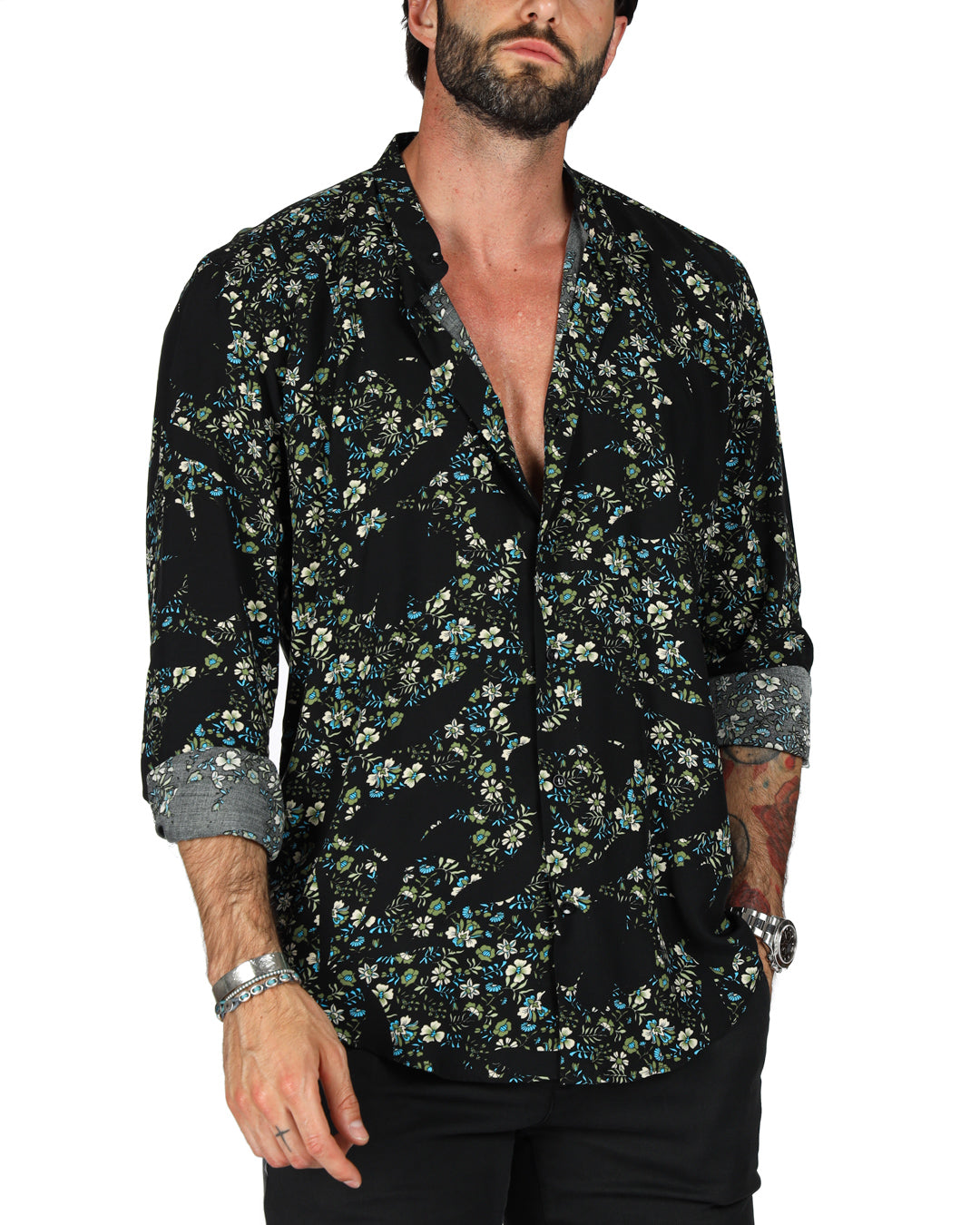 Aruba - Chemise coréenne bleue à motifs fleuris