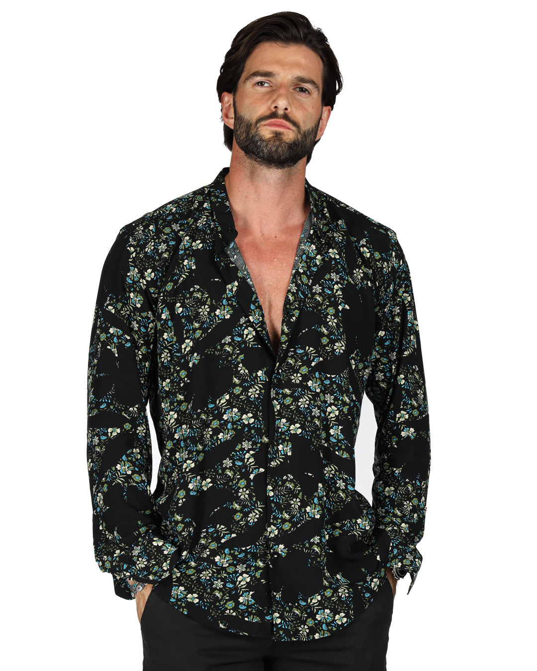 Aruba - Chemise coréenne bleue à motifs fleuris