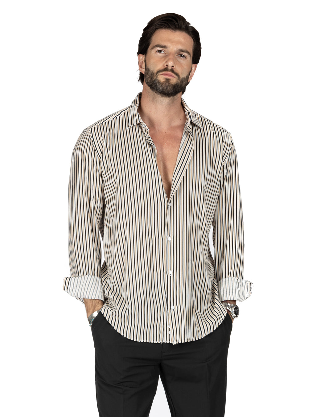 Barbuda - La chemise rayée classique beige à motifs