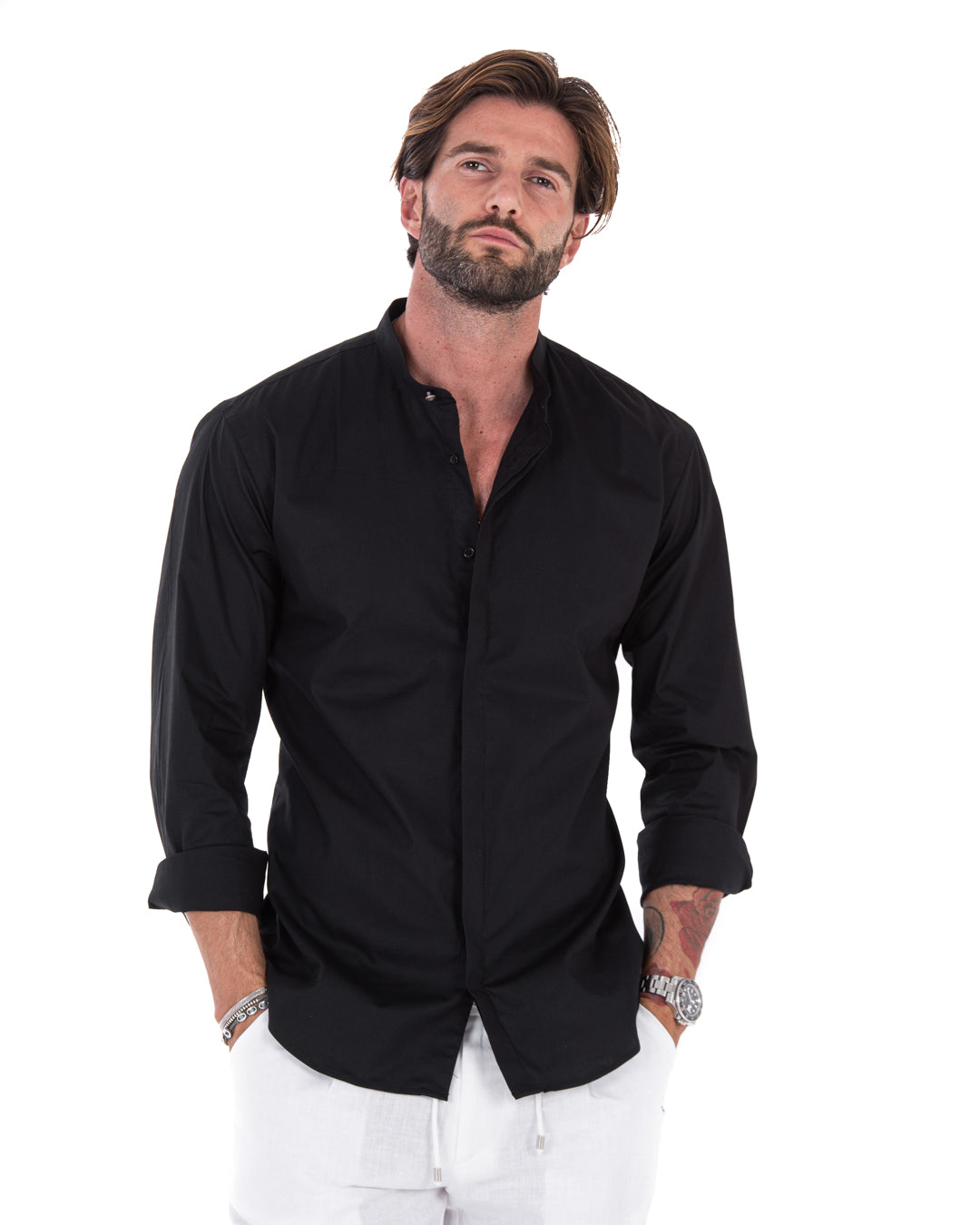 Camicia - basic coreana nera in cotone