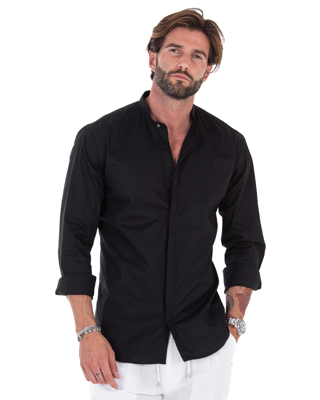 Camicia - basic coreana nera in cotone
