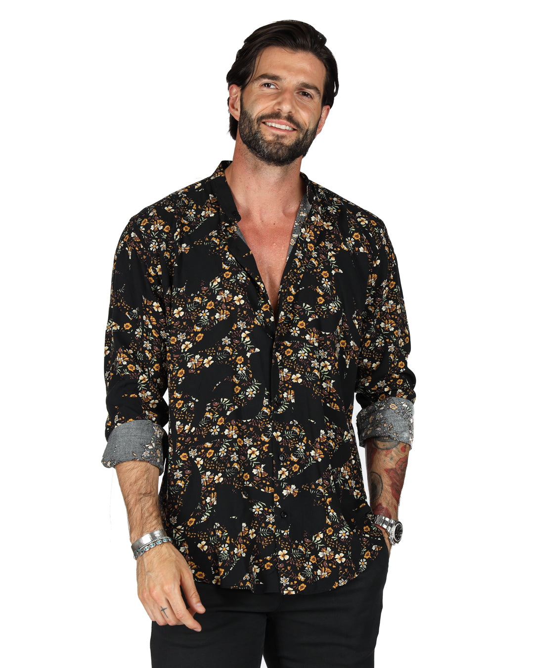 Curacao - Camicia coreana fantasia floreale marrone