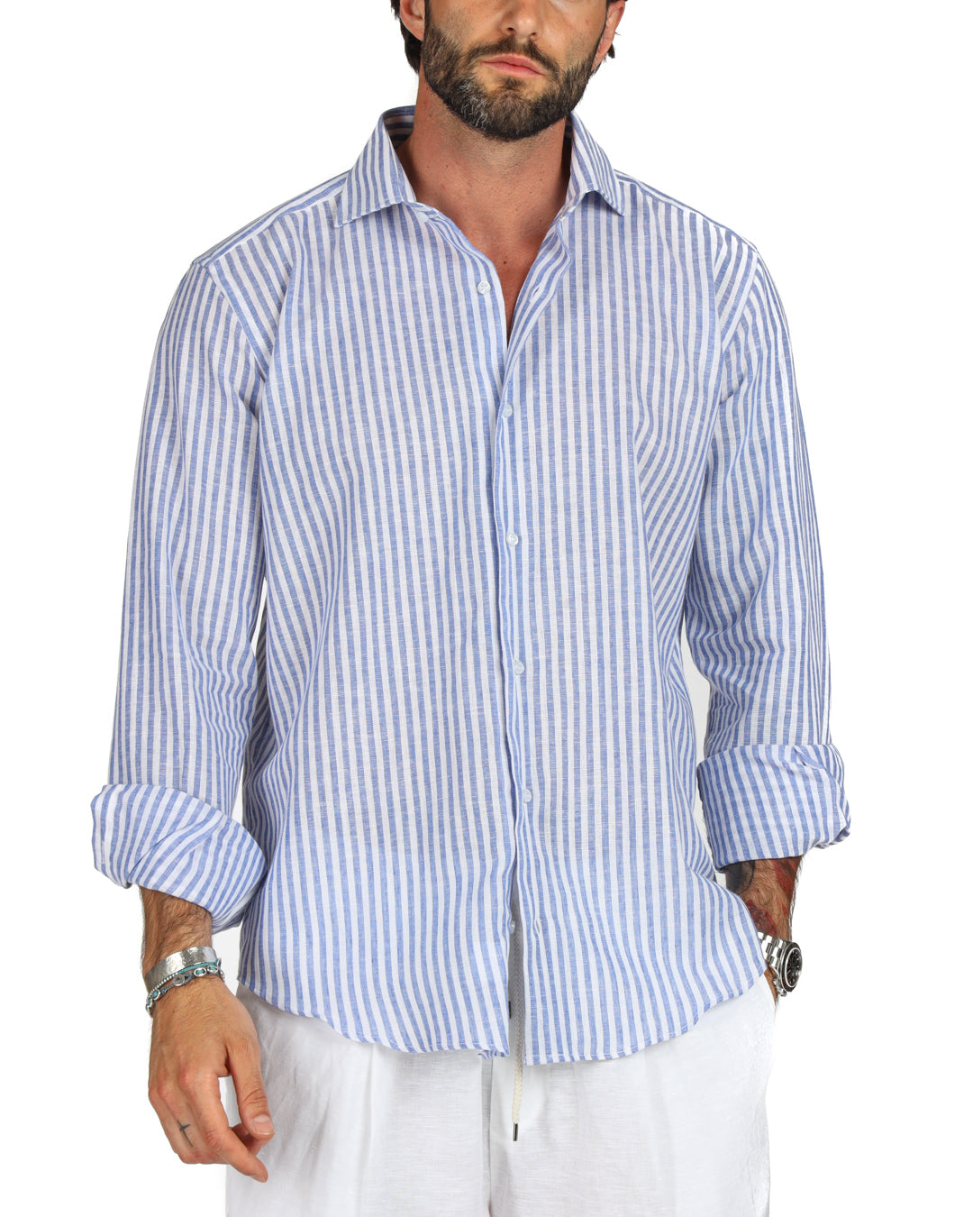 Ischia - Classic light blue narrow striped linen shirt