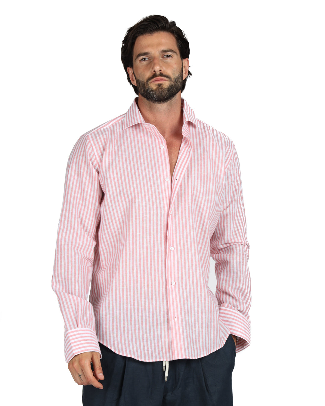 Ischia - Chemise en lin à fines rayures rose classique