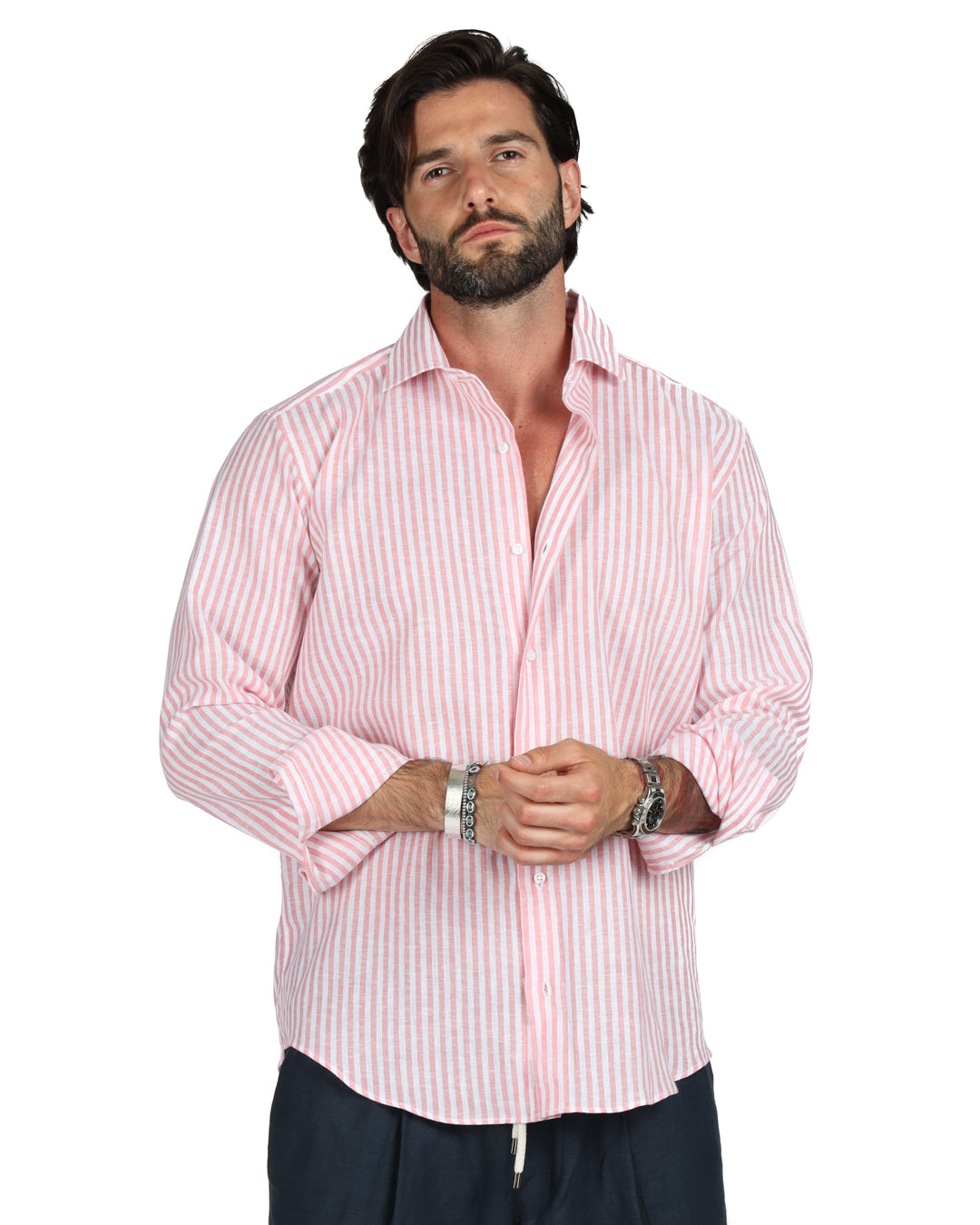 Ischia - Chemise en lin à fines rayures rose classique