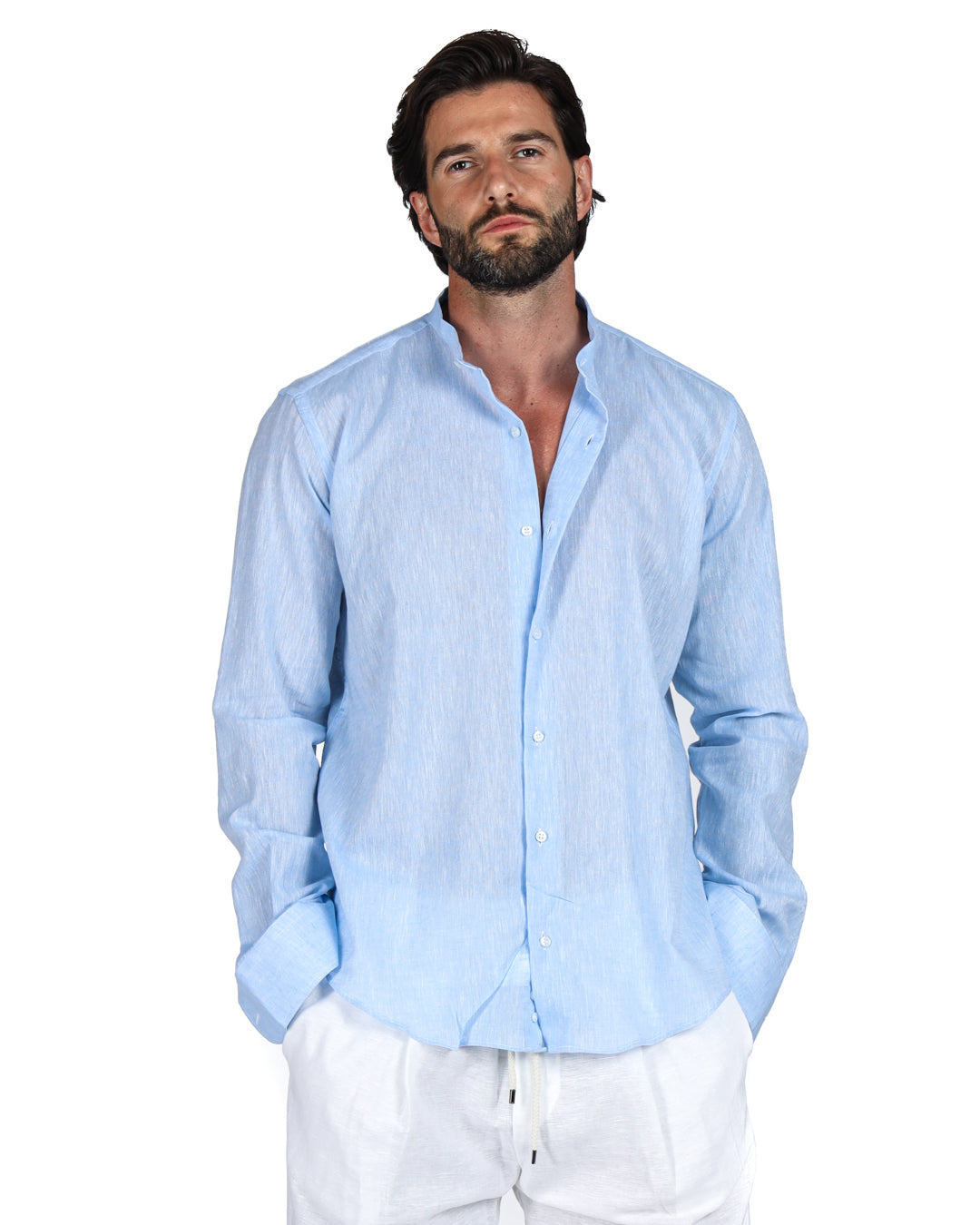 Positano - Chemise coréenne en lin bleu clair