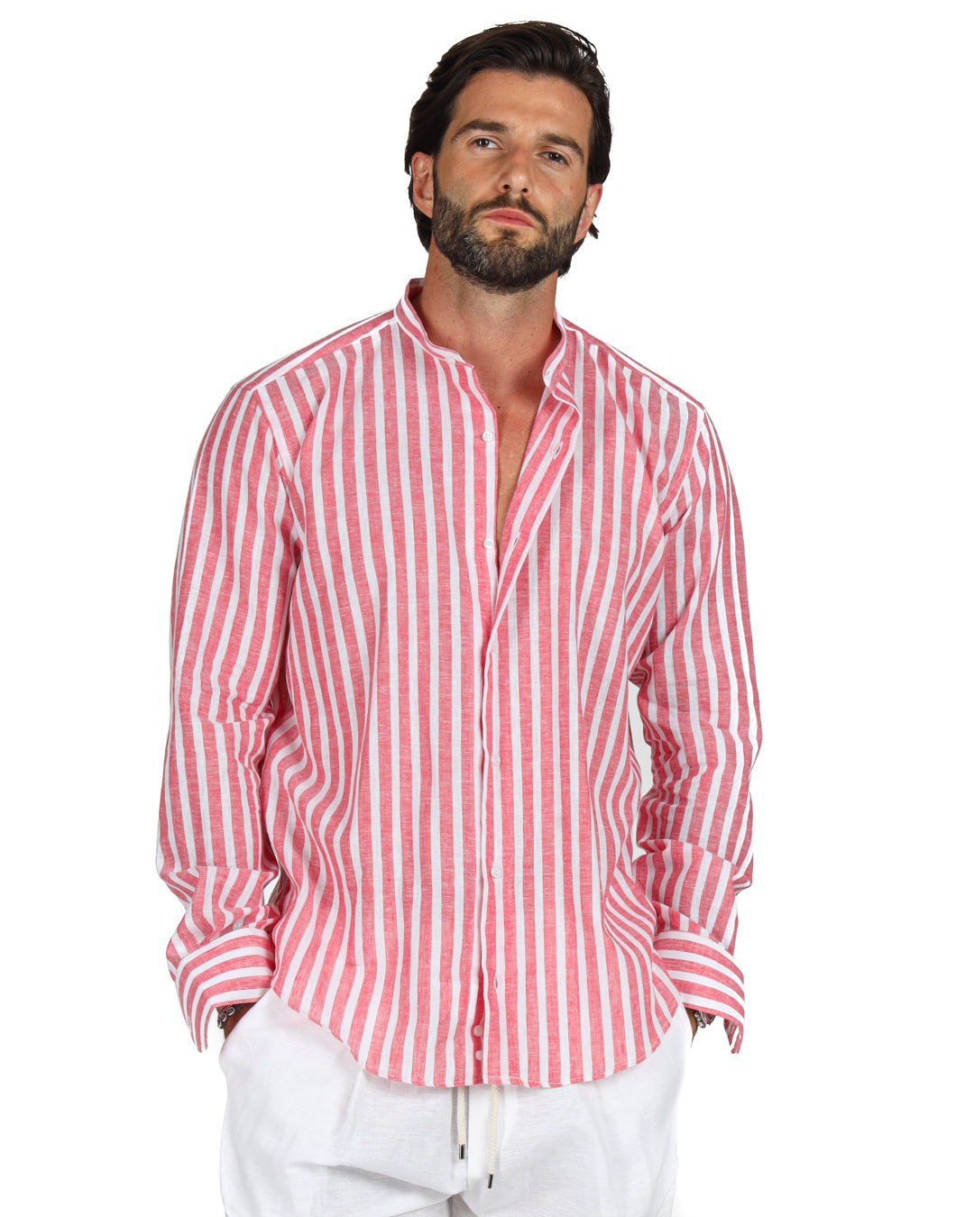Procida - Camicia coreana a righe larghe rosse in lino