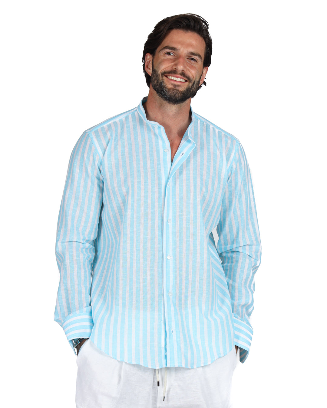 Procida - Chemise coréenne en lin larges rayures turquoise
