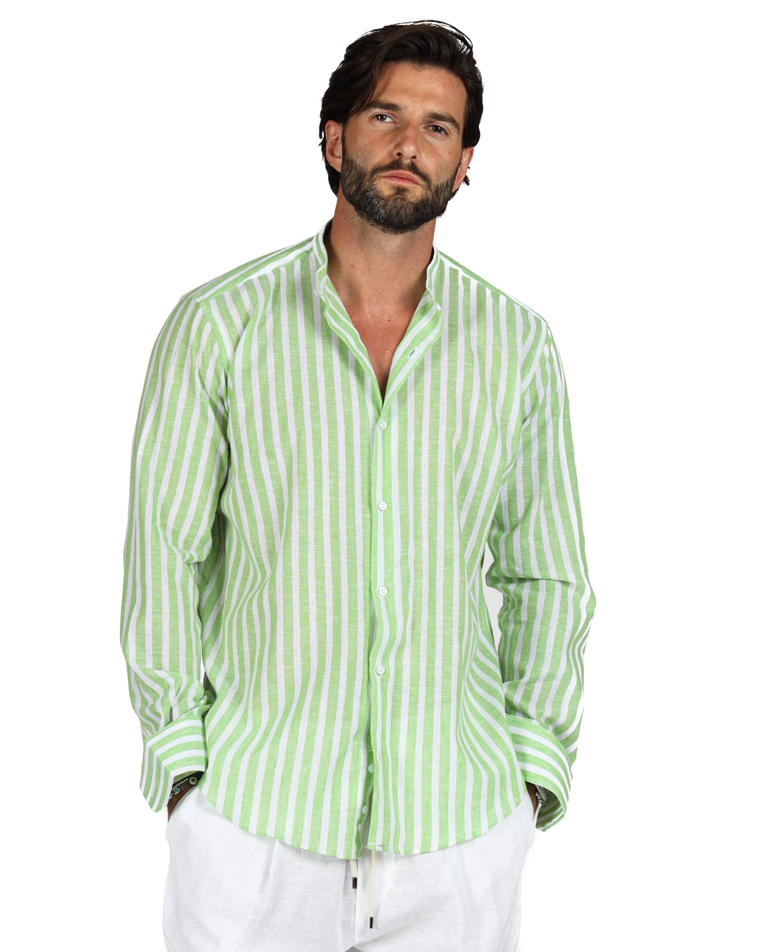 Procida - Chemise coréenne en lin à larges rayures vertes