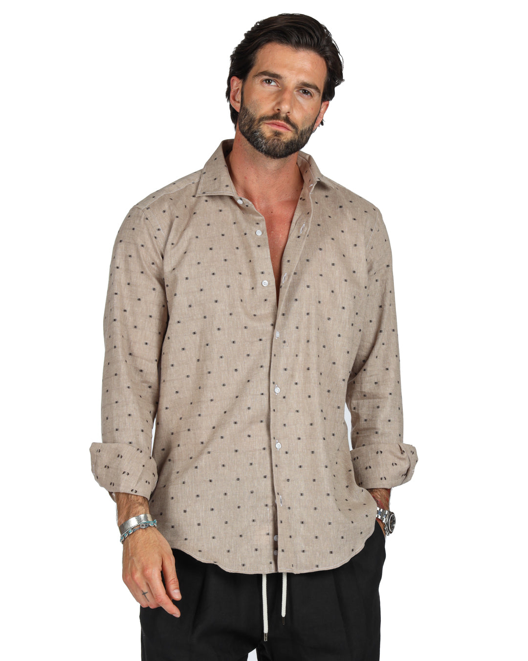 Salina - Chemise boue classique avec broderie en lin marron