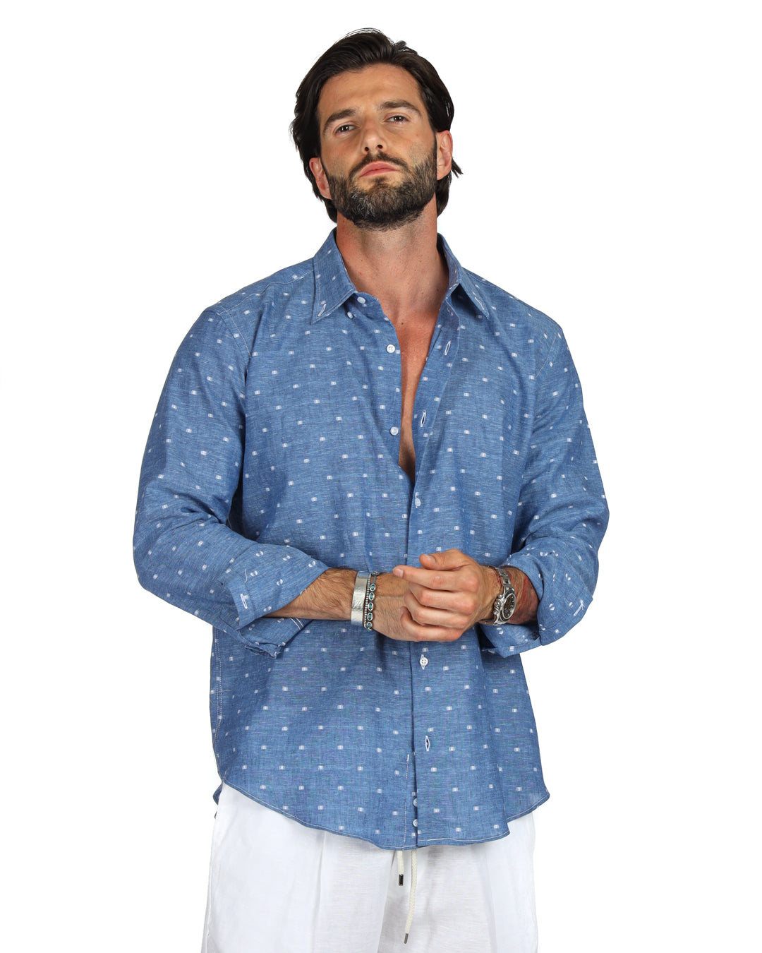 Salina - Classic denim shirt with white linen embroidery