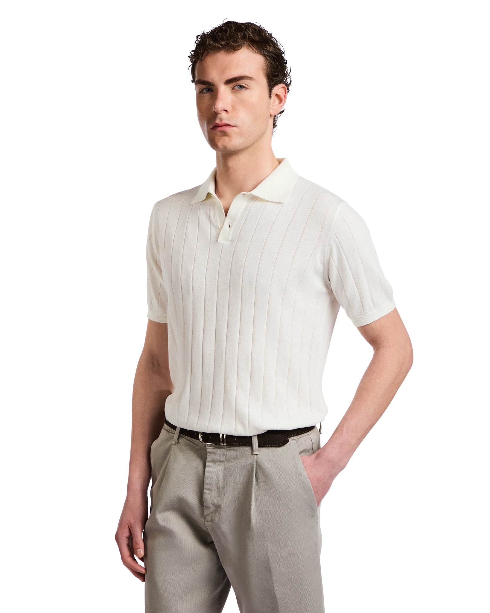 Cameron Polo in white ribbed knit