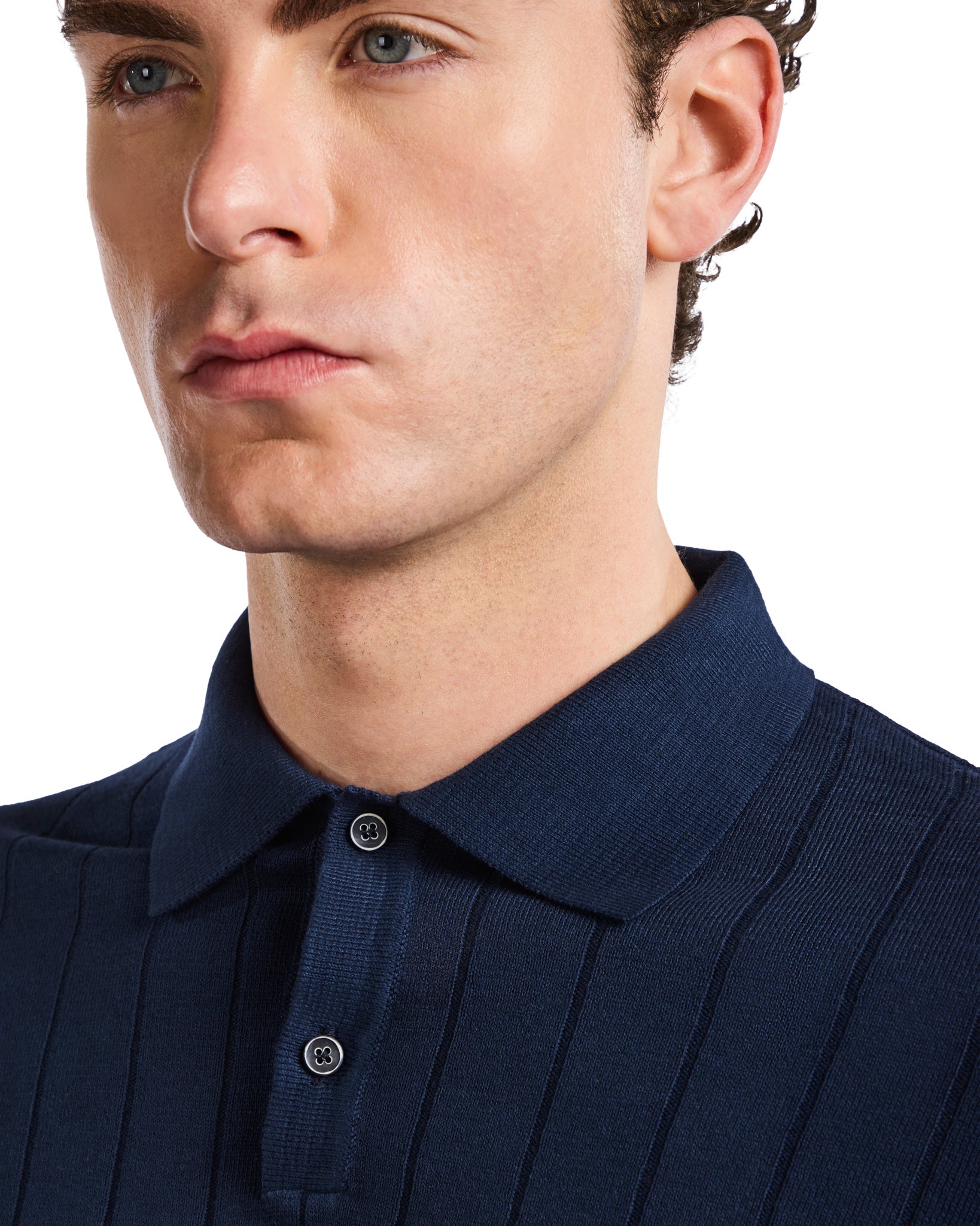 Cameron Polo in blue ribbed knit