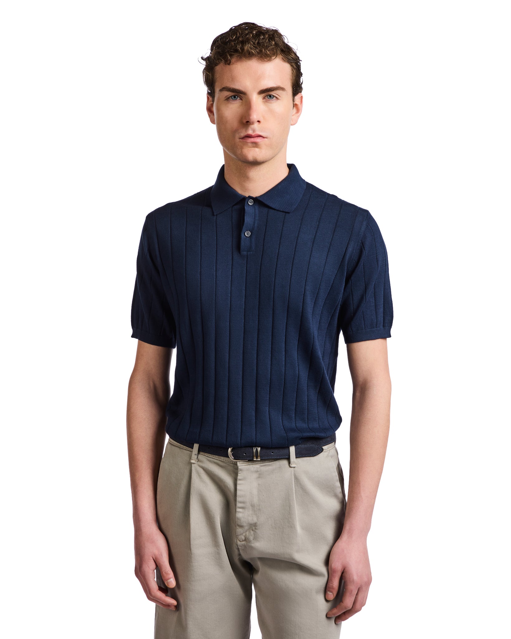 Cameron Polo in blue ribbed knit