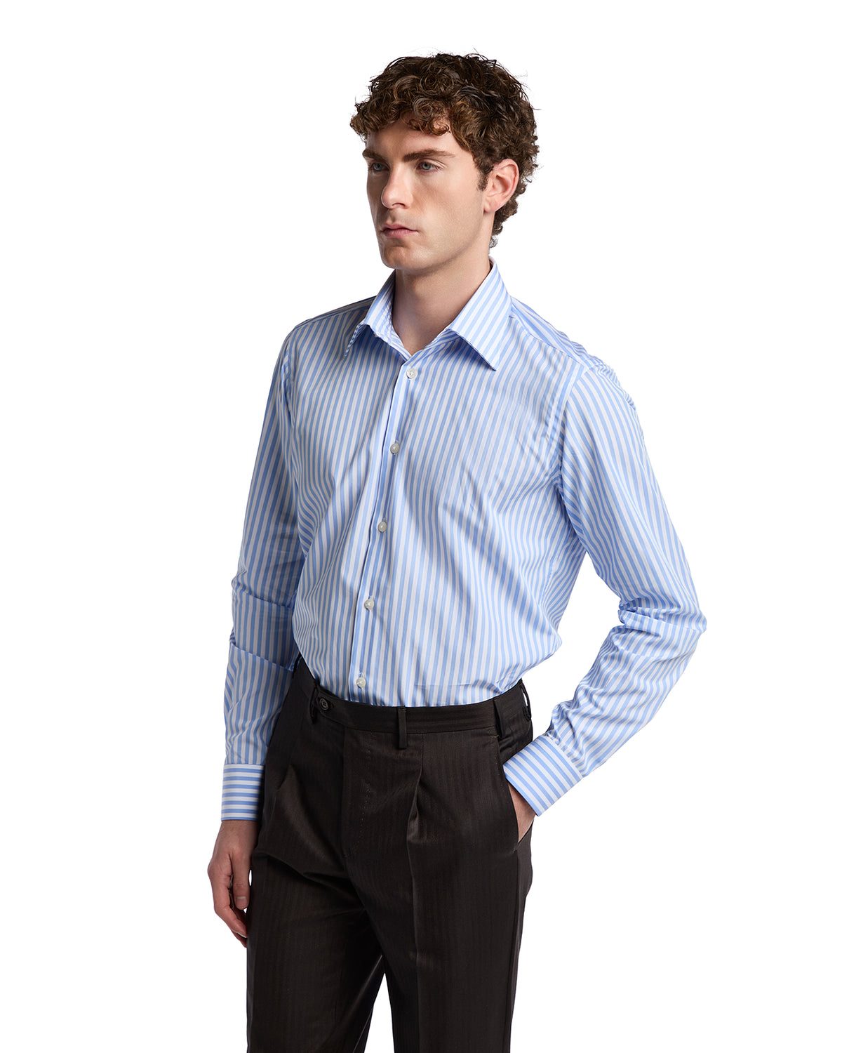 Men's blue striped dress shirt in cotton blend, tailored fit, paired with dark dress pants.