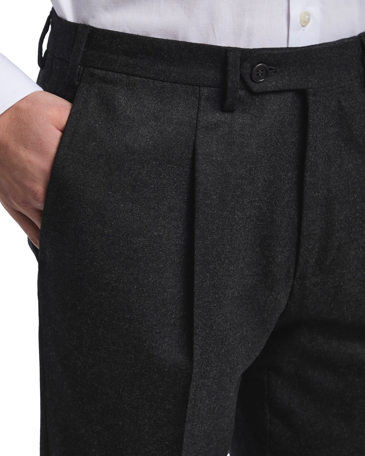 Men's charcoal gray wool blend trousers with pleats and a tailored fit. Perfect for formal occasions.