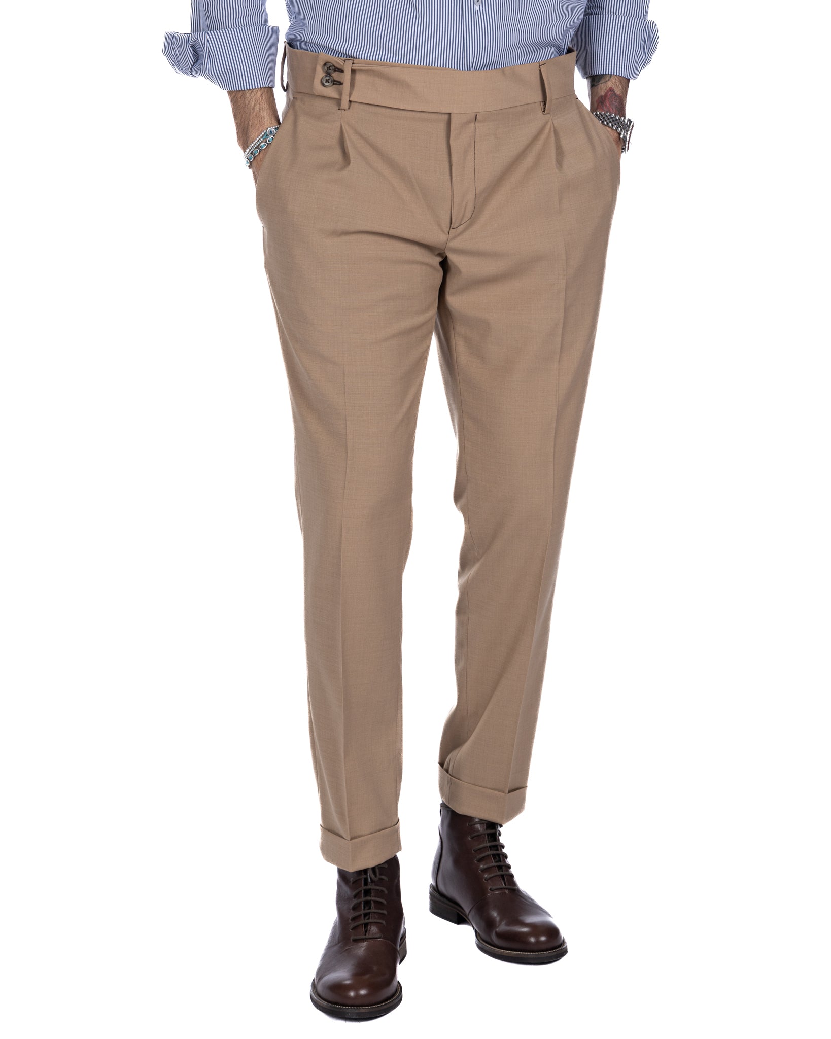 Italian - pantalone vita alta cammello in misto lana