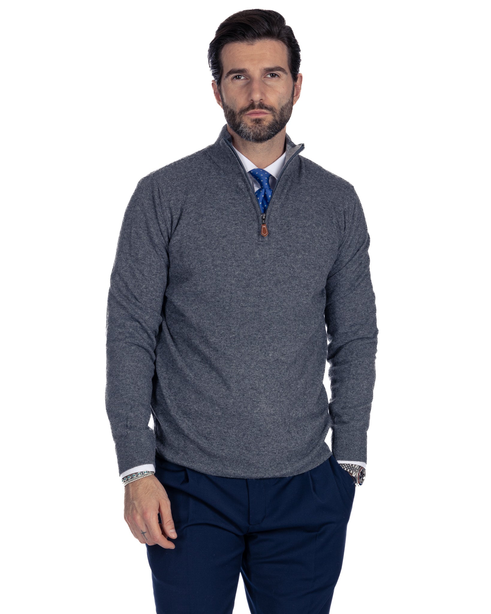 Rory - maglione antracite con zip in misto cachemire