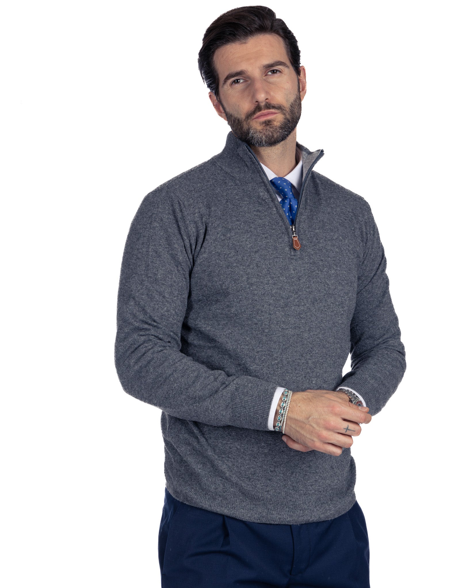 Rory - anthracite sweater with zip in cashmere blend