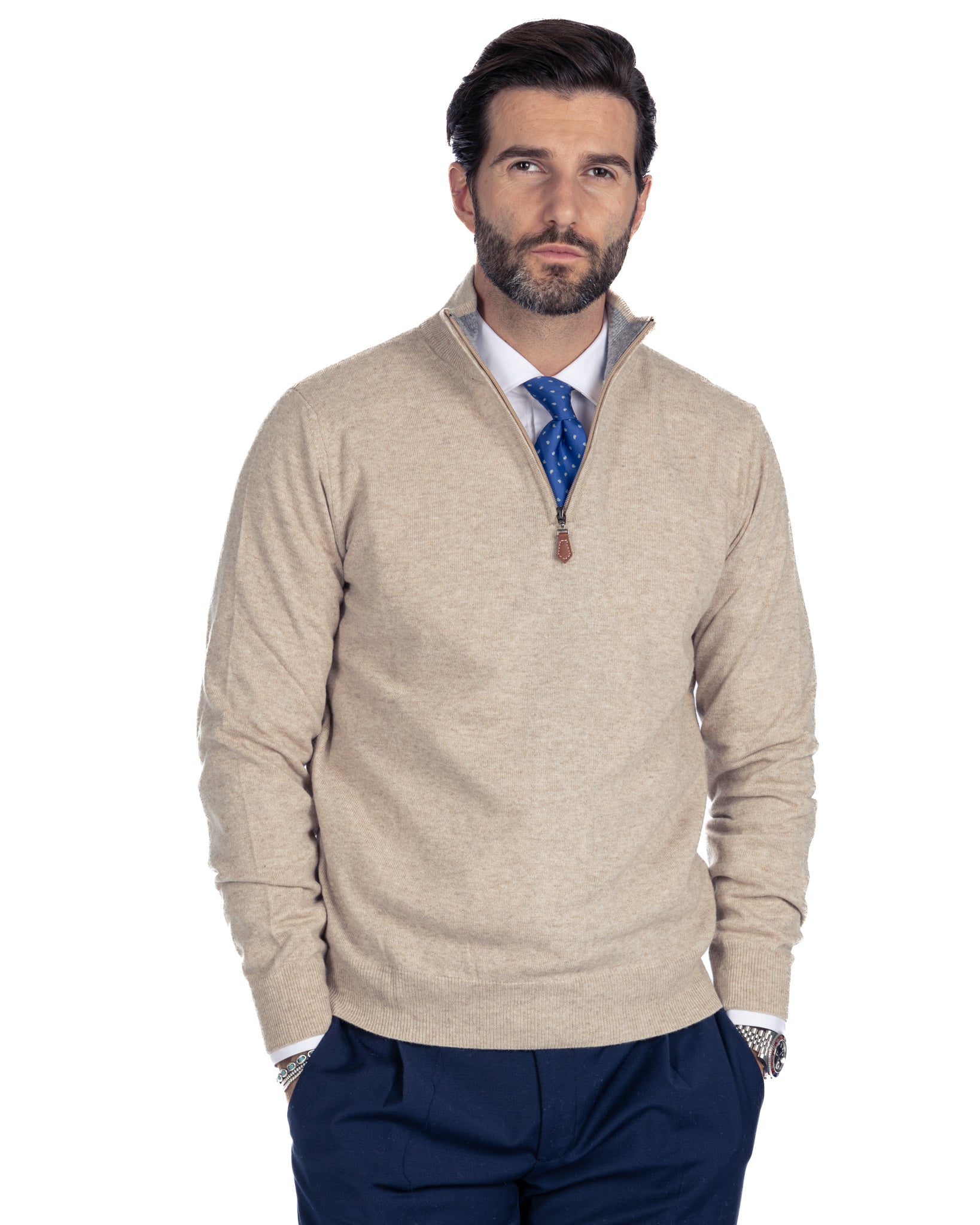 Rory - maglione beige con zip in misto cachemire